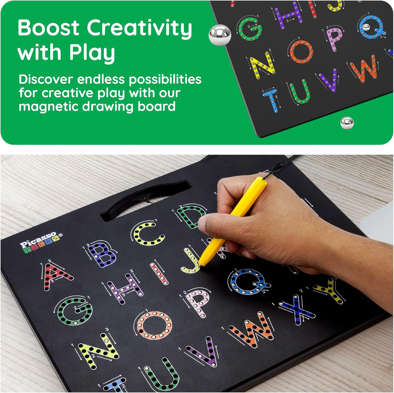 Picassotiles 2-In-1 Double Sided Magnetic Drawing Board ABC A-Z Letter, Number, and Freestyle Writing Playboard 12X10 Inch Large Magnet Tablet Pad Open-Ended Learning Erasable Reusable Playset PTB02 image number 2
