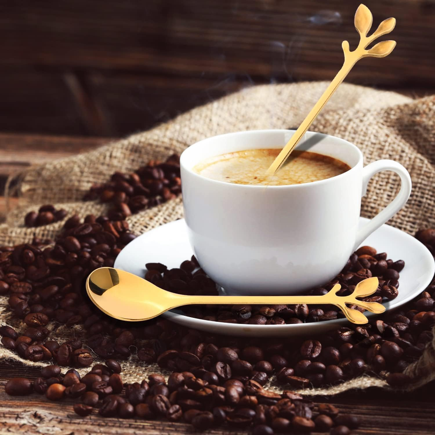 12Pcs Stainless Steel Gold Leaf Coffee Spoon and Cake Fruit Forks, Tableware Dessert Demitasse Ice-Cream Tea Spoons and Forks, Cake, Sugar Coffee Mixing Spoon and Fork Set(6 Forks + 6 Spoons) image number 1