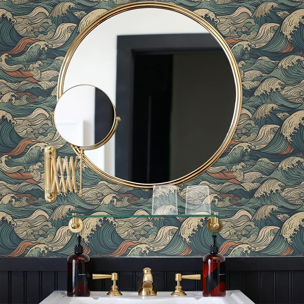 Muralpeel Vinatge Janpanese Sea Wave Blue/Yellow Mosaic Peel and Stick Wallpaper Self Adhesive image number 2