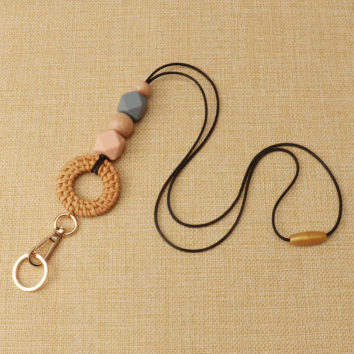 Teacher Lanyard for Id Badge Keys Cute Silicone Beaded Lanyards for Women Boho Wood Bead Lanyard Card Holder Wallet image number 4
