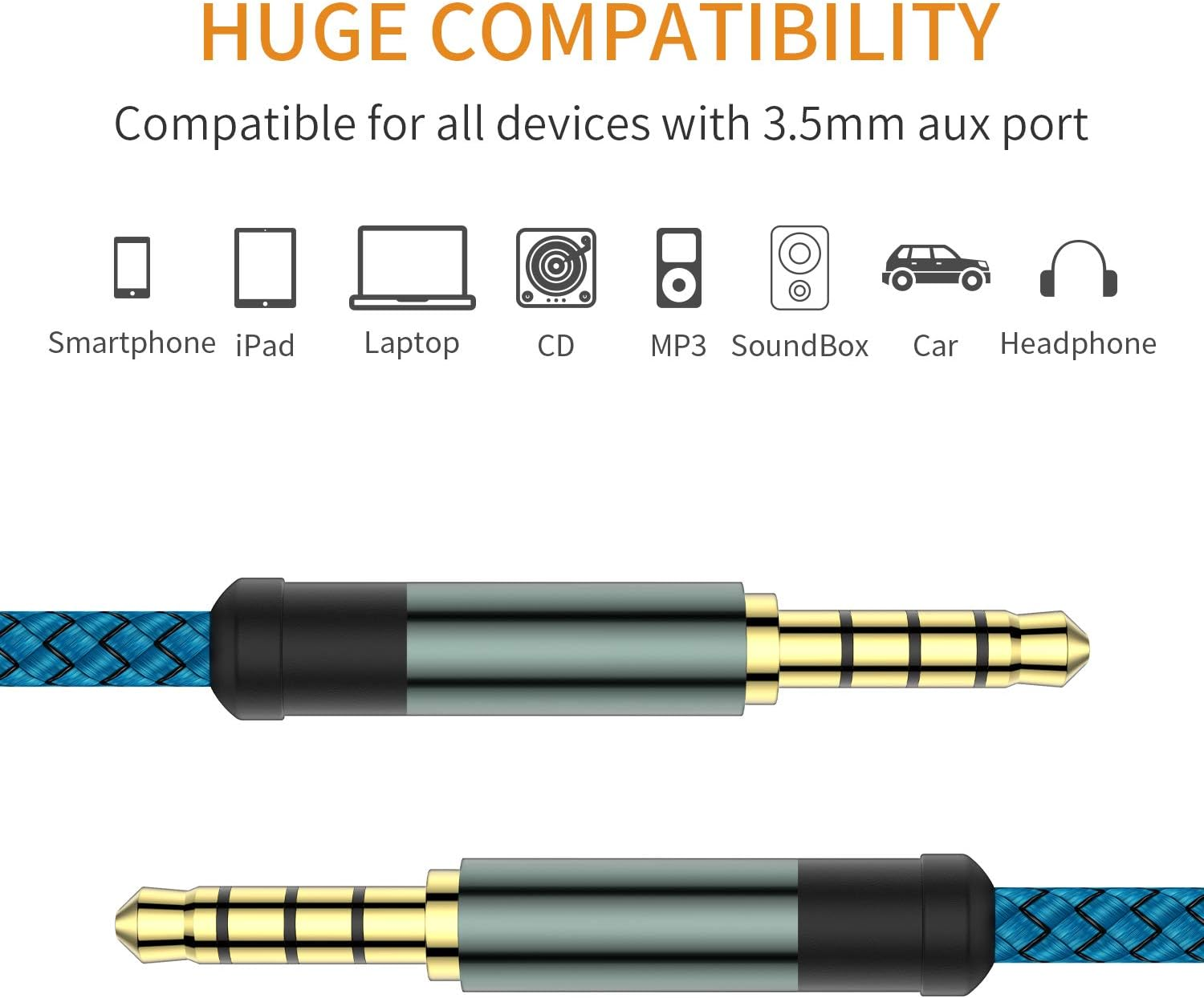 AUX Cable, [5Ft / 2 Pack- Copper Shell, Hi-Fi Sound] 3.5Mm 1/8" Auxiliary 4 Pole Stereo Audio Nylon Braided Aux Cord Compatible Car Home Stereos,Speaker,Iphone Ipod Ipad,Headphones,Sony,Echo Dot(Blue) image number 2
