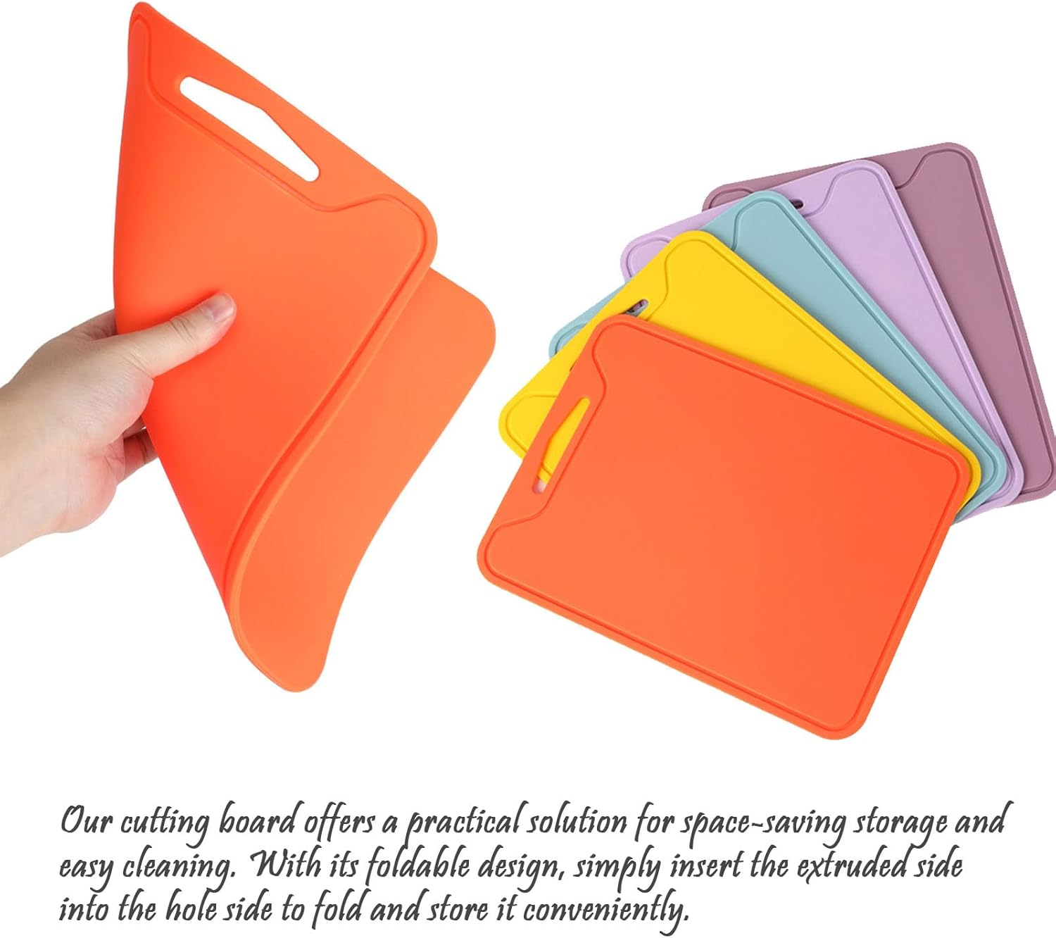 Thick Silicone Cutting Board, Double-Sided, Non-Slip, Juice Groove, Foldable, 11.65In * 8.58In, Yellow, Orange, Lavender, Purple, Blue image number 6