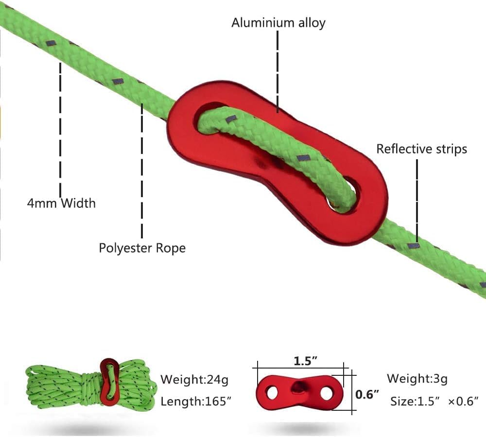 8 PCS Reflective Tent Guy Ropes with Aluminium Tensioner, 4Mmx4M Heavy Duty Paracord Camping Rope Kit for Tent Tarp Hammock Outdoor Survival Gear, Windproof Guide Ropes with Storage Bag (Green) image number 3