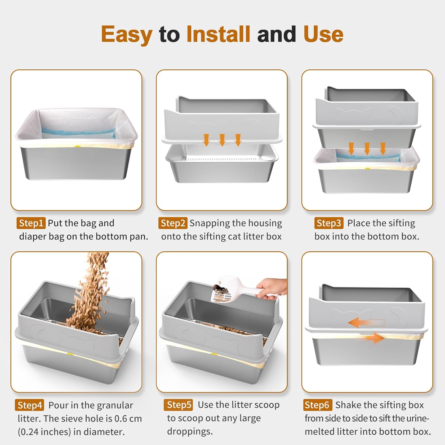 Stainless Steel Sifting Litter Box, 23.6" L X 15.7" W X 13" High Sided Metal Sifting Cat Litter Box for Pine Pellets, Enclosed Sifting Box with Lid, Anti-Leakage, Easy Clean for Big and Multiple Cats image number 4