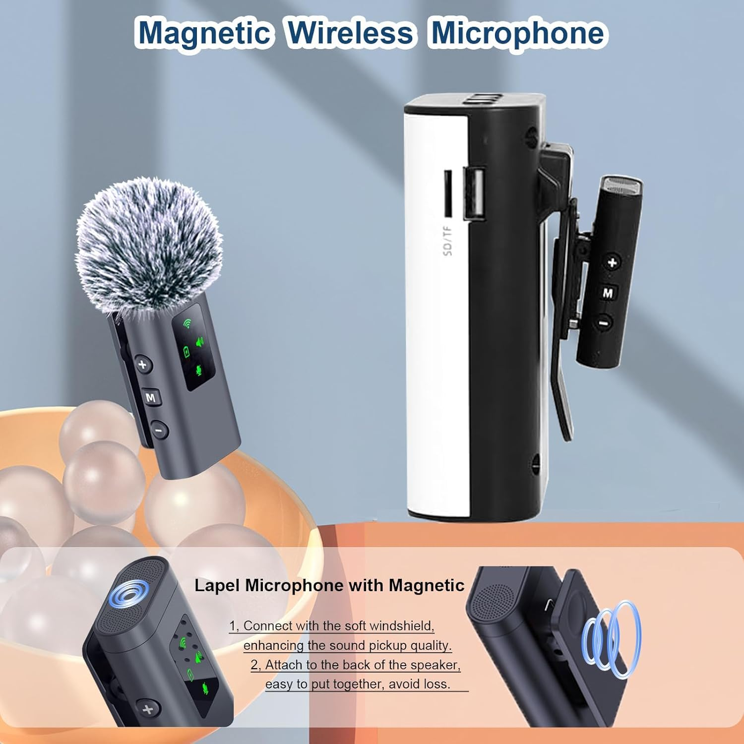 Phoselpida Voice Amplifier with Magnetic Wireless Lavalier Microphone, Portable Amplifier with 2.4G Wireless Microphone, Supports Bluetooth, TF Card, USB Flash Drive and AUX Input