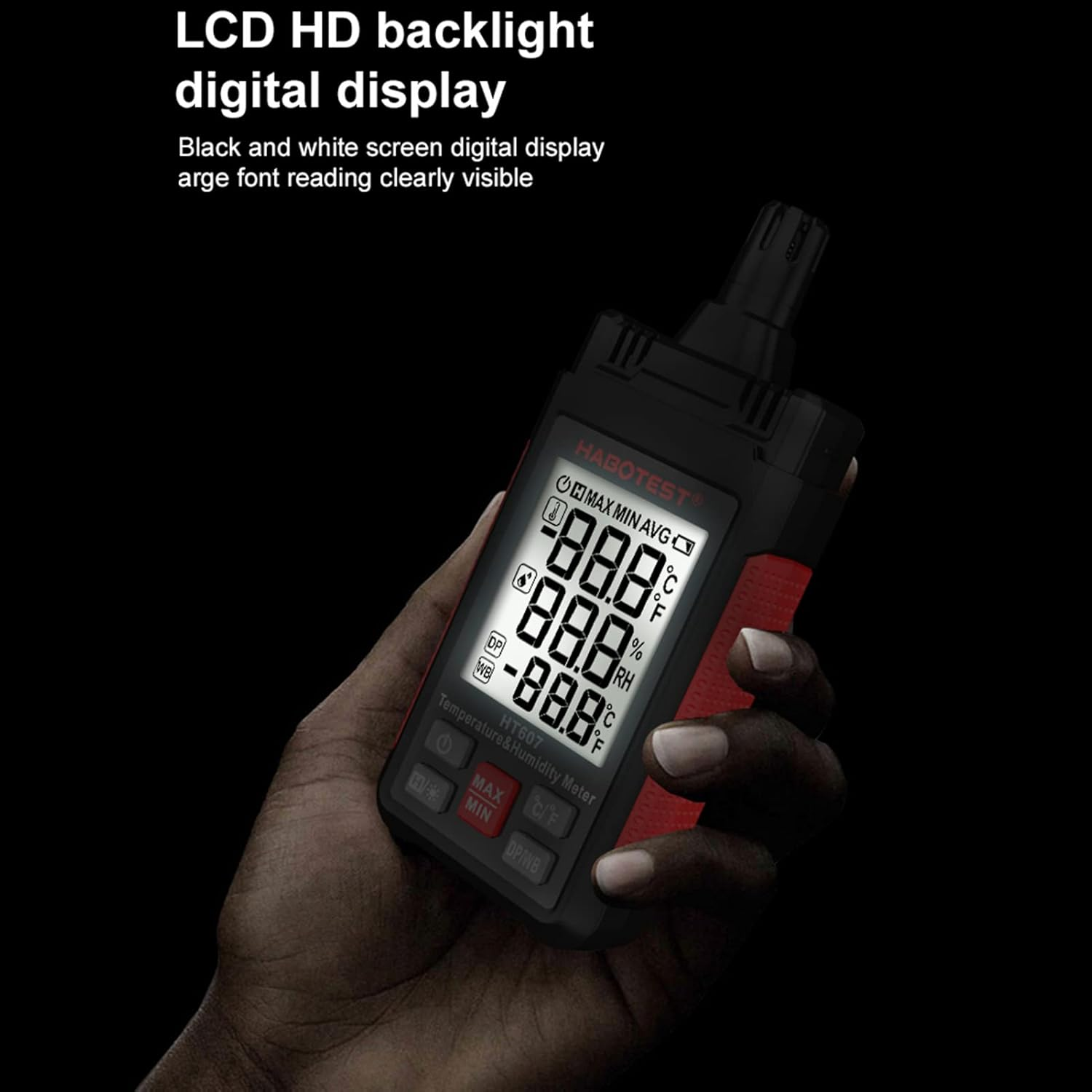 HT607 Digital Hygrometer Handheld Temperature&Humidty Meter Thermo-Hygrometer LCD Thermometer Hygrometer Psychrometer Wet Bulb Dew Point Temperature Humidity Detector with Max/Min/Data image number 5