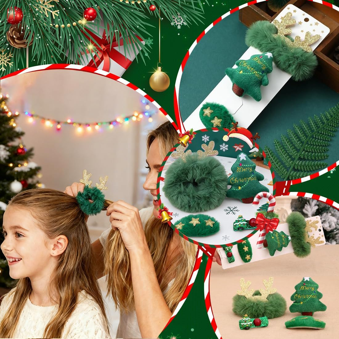 VYIBPDY Set of 4 Hair Accessories Girls Christmas, Elk, Christmas Tree, Hairpin Set, Creative for Children, Green image number 2