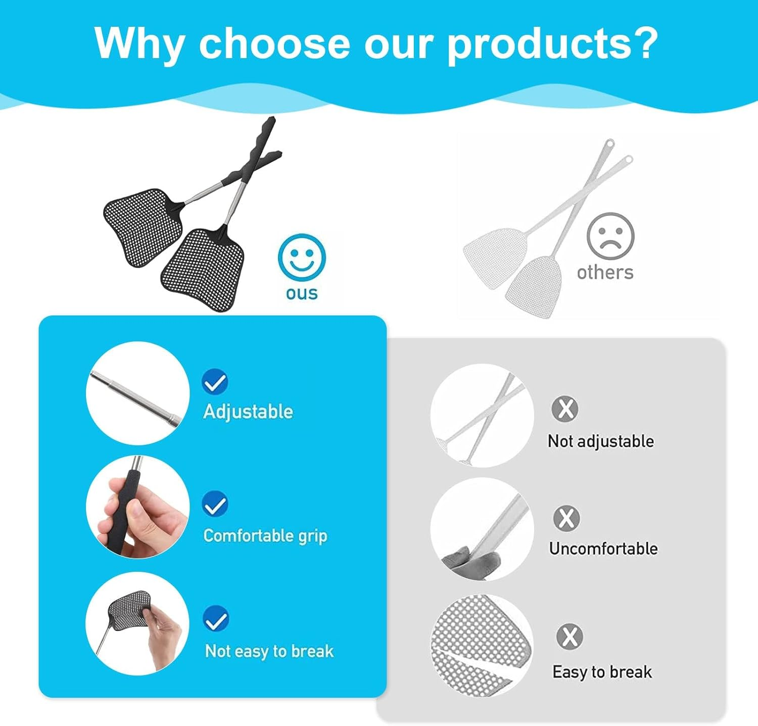 Fly Swatter, 2 Pcs Telescopic Plastic Fly Swatter, Fly Pest Swatter, Flyswatter with Stainless Steel Handle for Indoor Outdoor Classroom Office, Black