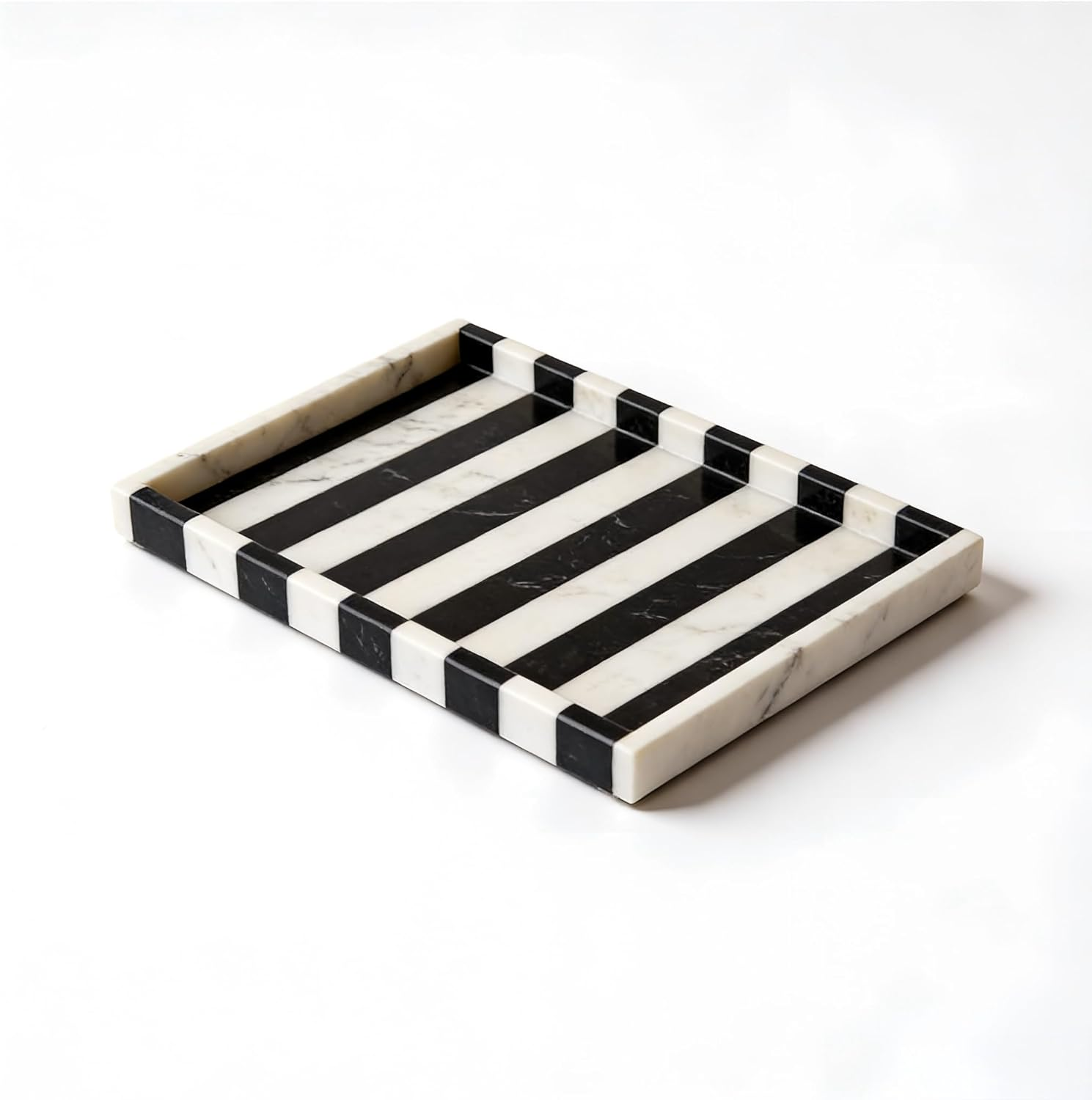 Striped Natural Marble Tray, Black White Geometric Rectangular Tray, Vanity Organizer for Jewelry, Makeup, Bath Essentials, Modern Home Decor - Black White Round image number 4