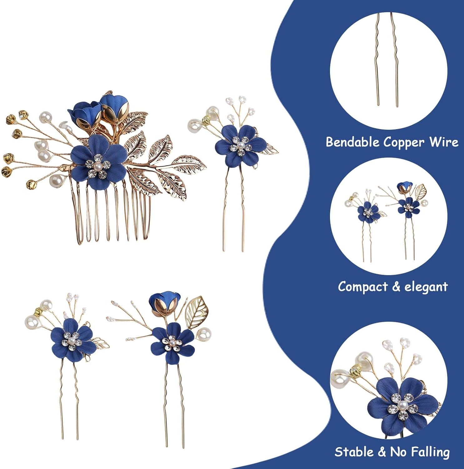 LUMOOM Set of 4 Bridal Hair Accessories, Elegant Flower Hair Comb and Hair Pins Set, Bridal and Bridesmaids Hair Clip Wedding, for Communion, Prom and Party (Royal Blue)