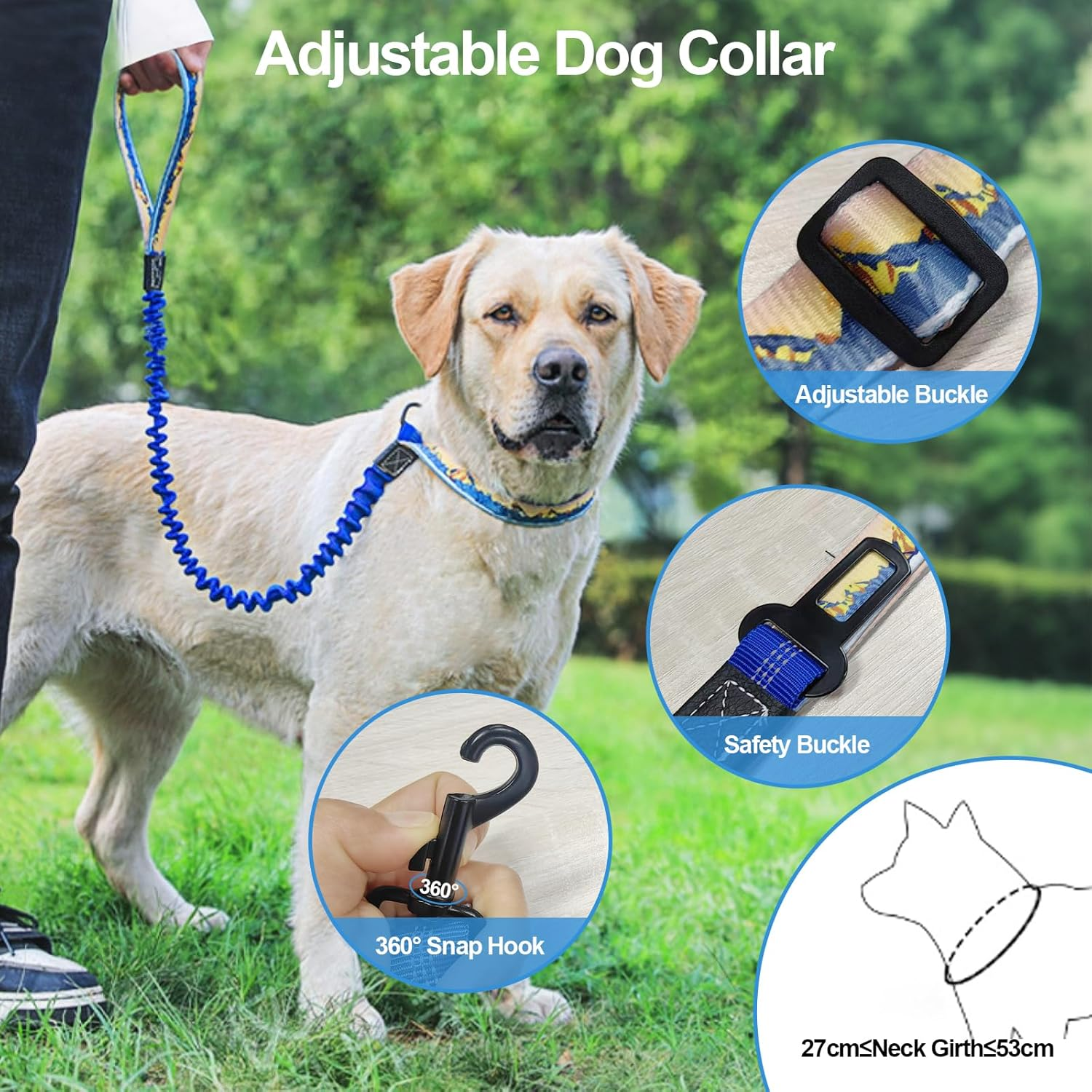 Proxima Direct Dog Car Seat Belt, Retractable Dog Car Harness Lead with Elastic Bungee Buffer, Reflective Nylon Adjustable Pet Dog Collar Leash with Safe Clip Buckle for All Cars Travel Camping Blue image number 5