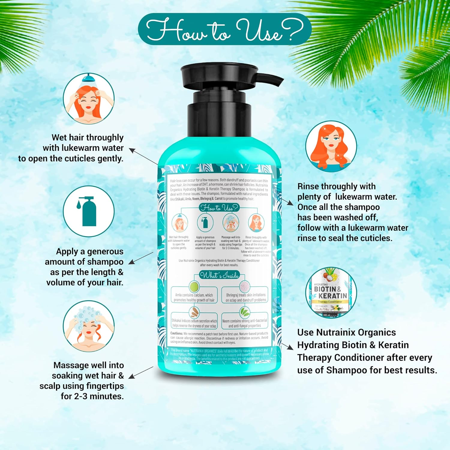 Nutrainix Organics Hydrating Biotin & Keratin Therapy Shampoo | Hair Growth Shampoo Reduce Hair Fall | Keratin Shampoo for Dry and Frizzy Hair | Hair Shampoo for Men and Women - 300 Ml image number 3