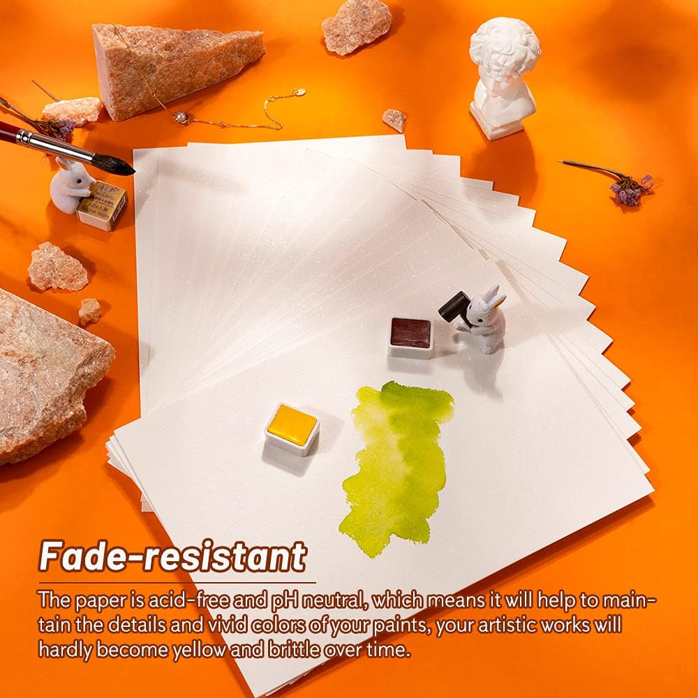 Paul Rubens Art Supplies Watercolor Paper 100% Cotton Rag with Glitter Sparkling Effect, Acid-Free Paper 140Lb/300Gsm for Wet & Dry Mixed Media, 20 Sheets (7.67"X 5.31", Cold Press)