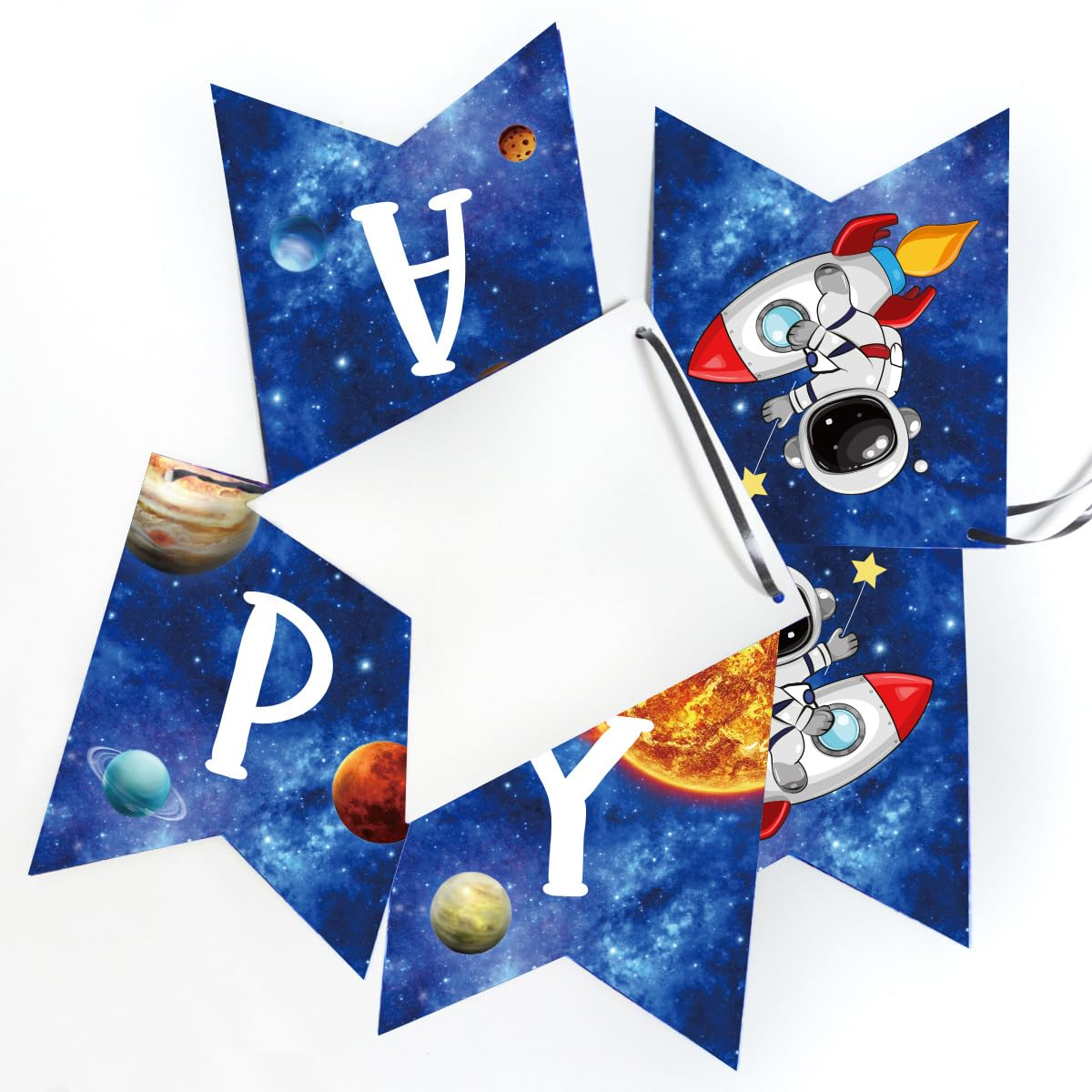 Space Theme Happy Birthday Banner, Astronaut and Planet Design, Blue Starry Sky Party Decoration image number 2