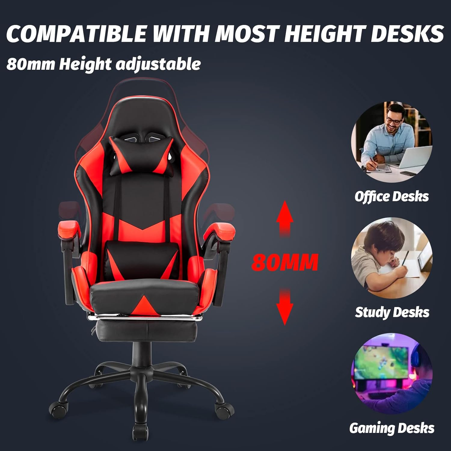PU Leather Ergonomic Gaming Chair with Footrest Computer Racing Chair Reclining Executive Office Chair Desk Chair for Adults Teens Red & Black image number 3