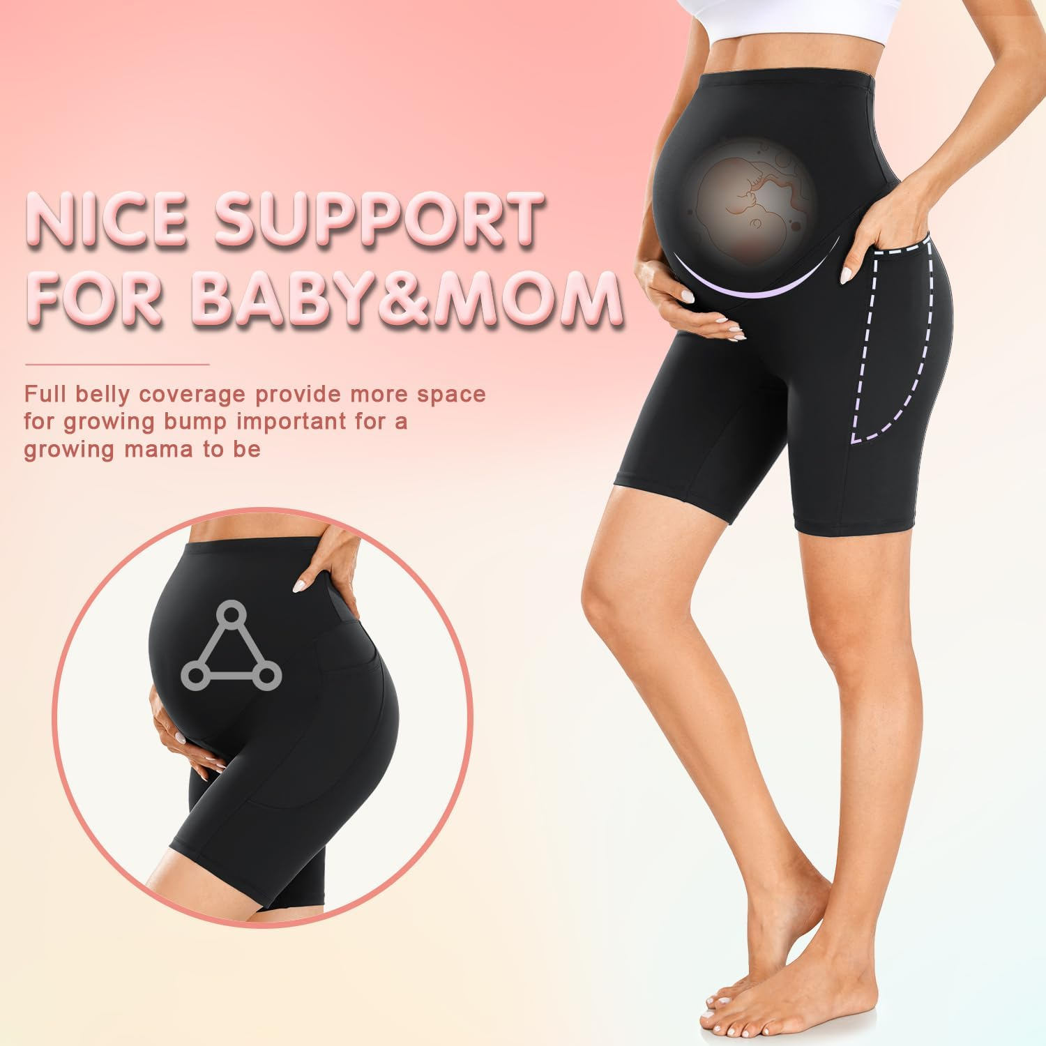 FULLSOFT 3 Pack Maternity Shorts over Belly - 8" Pregnant Women'S Cycling Shorts with Pockets, High Waisted, Mid Rise, Solid, Polyester Blend, Size 8 image number 2
