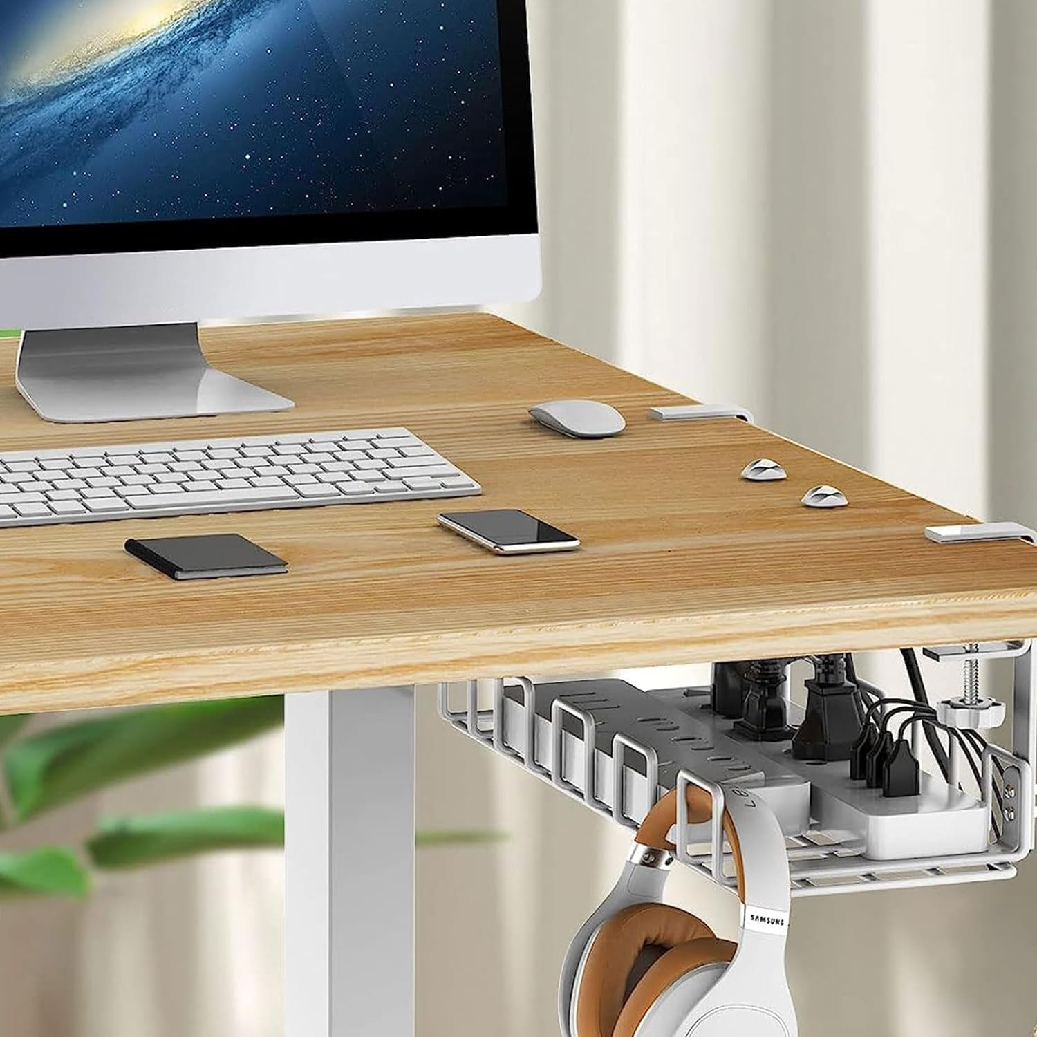 NOAEOU under Desk Cable Management Tray, Super Sturdy under Desk Wire Management Organizer,Clamp Install Metal Cord Management Rack,Perfect for Office Home,15.7In Cable Tray Basket (White) image number 2