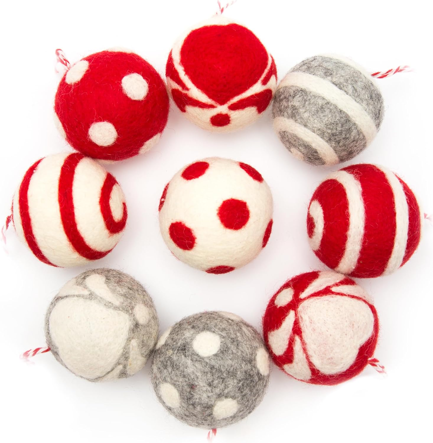 Glaciart One Felt Balls Christmas Ornaments (9 Pieces) 2 Inch (5 Cm), 100% New Zealand Wool, 3 Colors Hand-Felted in Nepal - Christmas Party Banner Decoration - Scandinavian Wool Snowflake