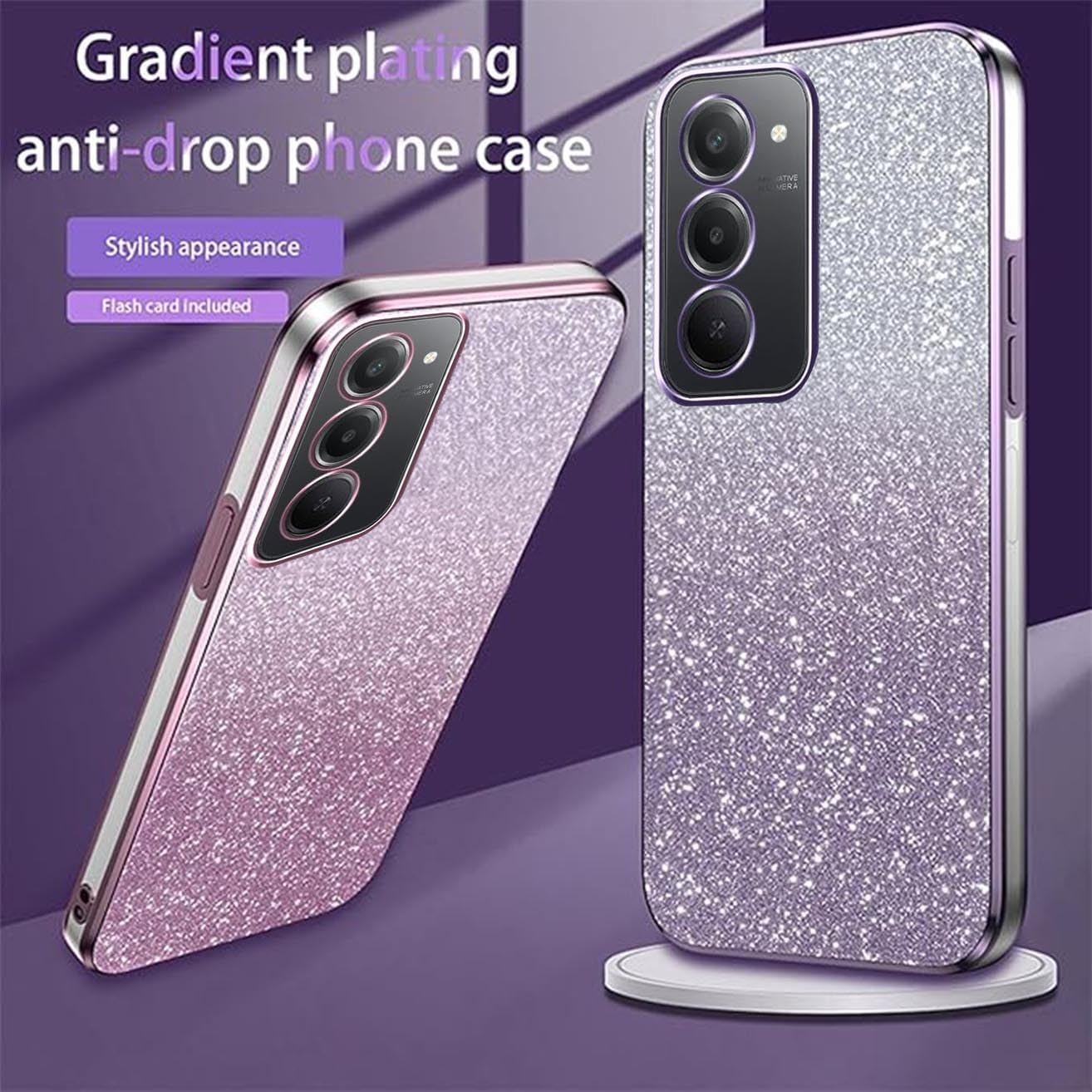 YUEQIAN Glitter Case for Xiaomi Redmi 15 4G / 5G, Ultra Thin Transparent Shiny Sequins Girls Mobile Phone Case, Soft TPU Silicone Shockproof Drop-Proof Protective Case Pink - Purple image number 6