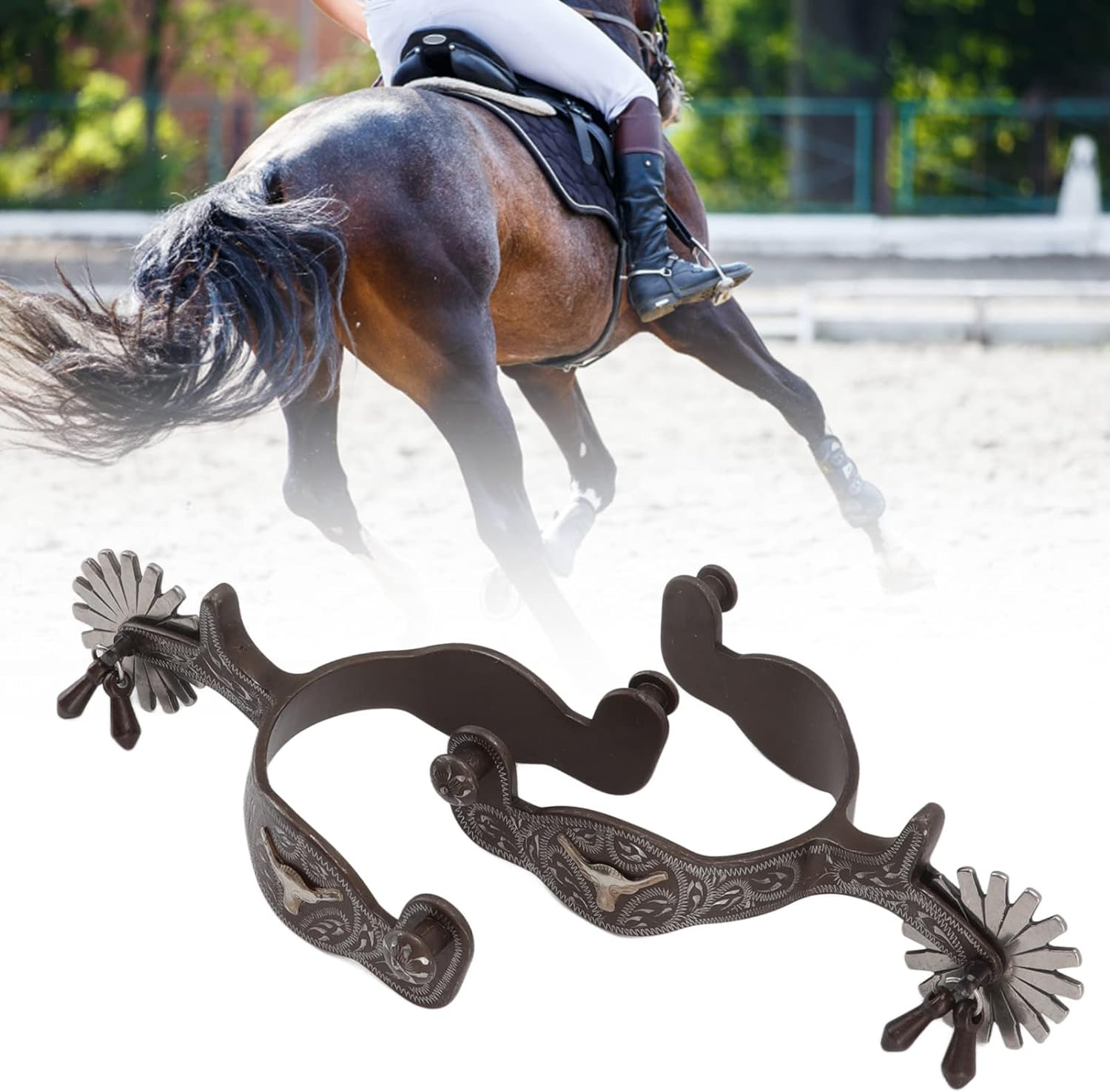 Western Engraved Spurs, 1 Pair Western Cowboy Boot Spurs, Carbon Steel Engraved Horse Spurs with Vintage Pattern, U Shaped Equestrian Spurs for Saddlery Equestrian Equipment image number 5