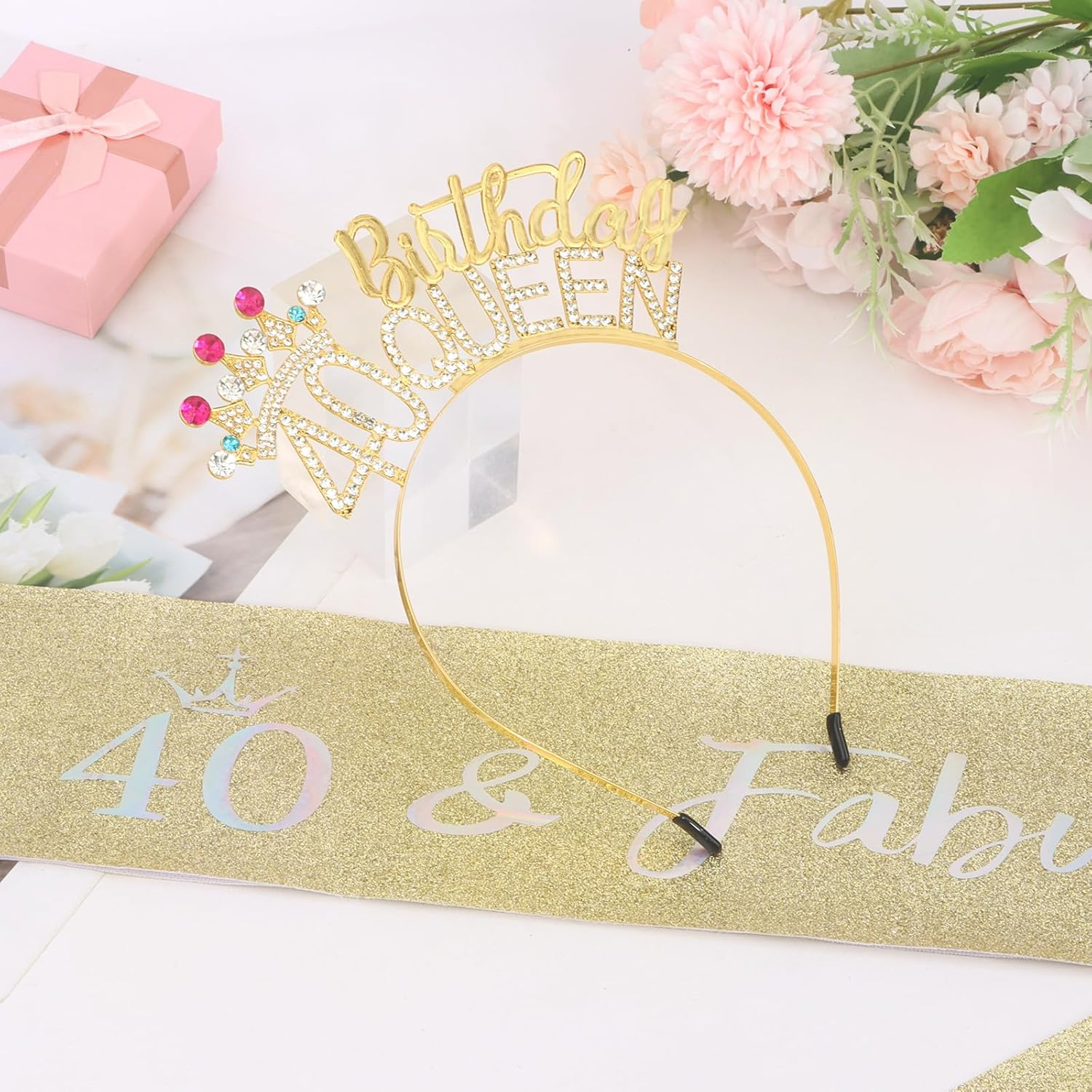 Pruadeor Gold 40Th Birthday Crown Woman 40Th Birthday Headband Glitter Sash for Birthday Party Decoration Gift image number 3