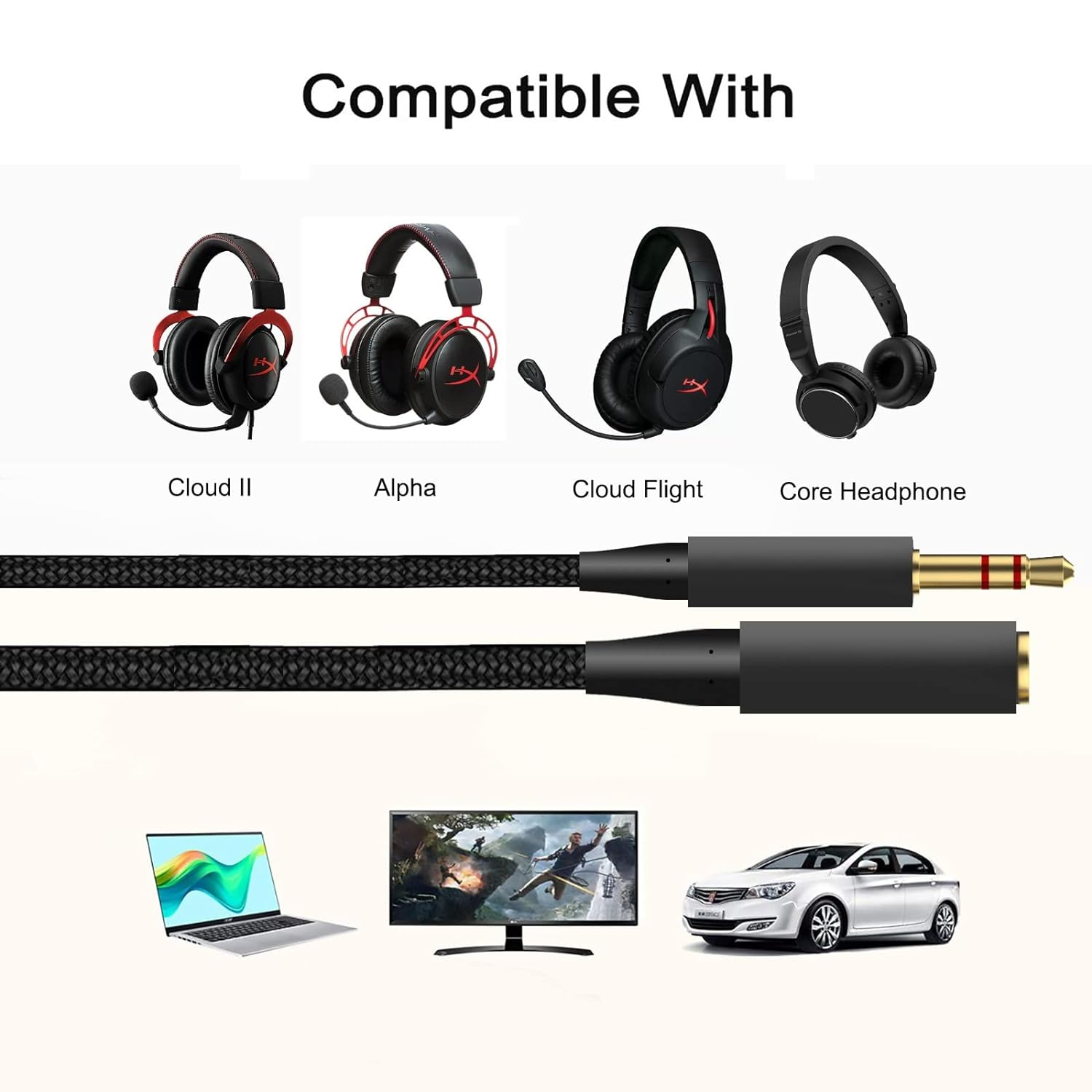 Headphone Splitter 2 in 1 Y Splitter Audio Extension Cable Compatible with Hyperx Cloud Ii/Alpha/Flight/Silver/Cloudx Series, 6.5FT image number 3