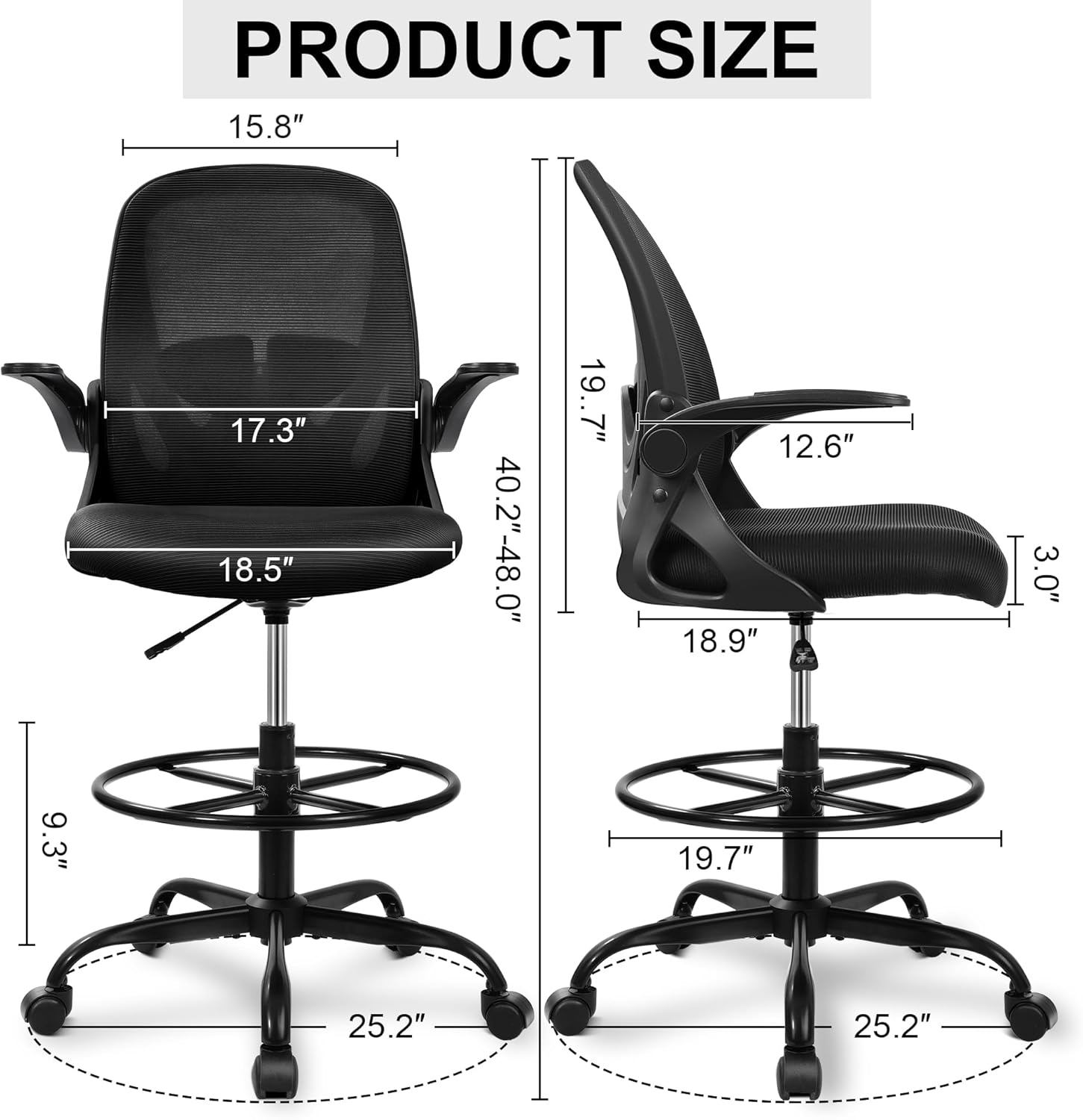 Primy Drafting Chair Tall Office Chair with Flip-Up Armrests Executive Ergonomic Computer Standing Desk Chair with Lumbar Support and Adjustable Footrest Ring (Black) image number 4