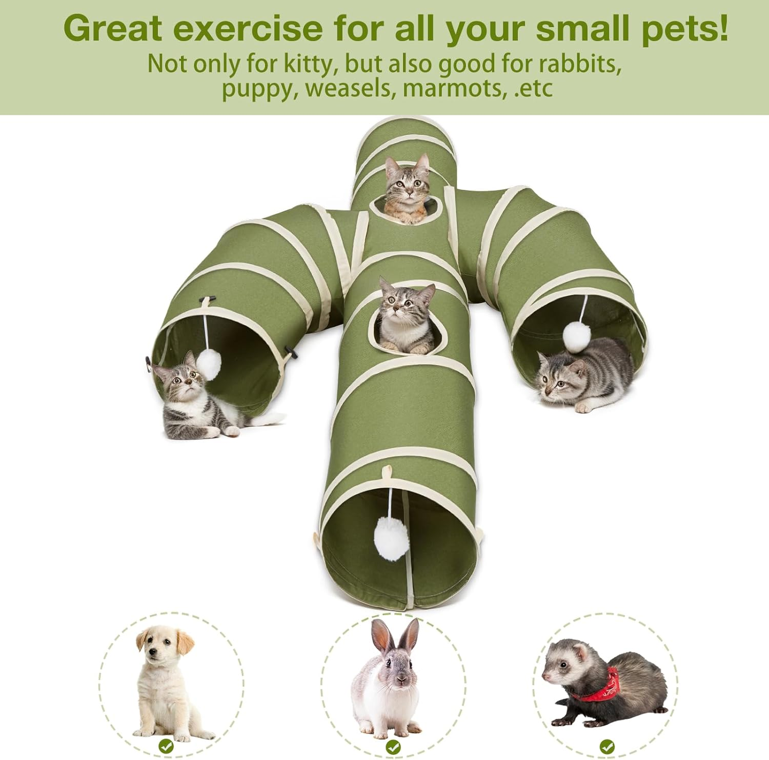 Ownpets Cat Tunnel Large 30Cm Diameter, Cactus-Shaped Cat Tunnel Toy, Sturdy Oxford Fabric Collapsible Cat Tunnels for Indoor Cats, Interactive Peek Hole Pet Tunnel Tube with Cat Wand Toy, Green image number 1