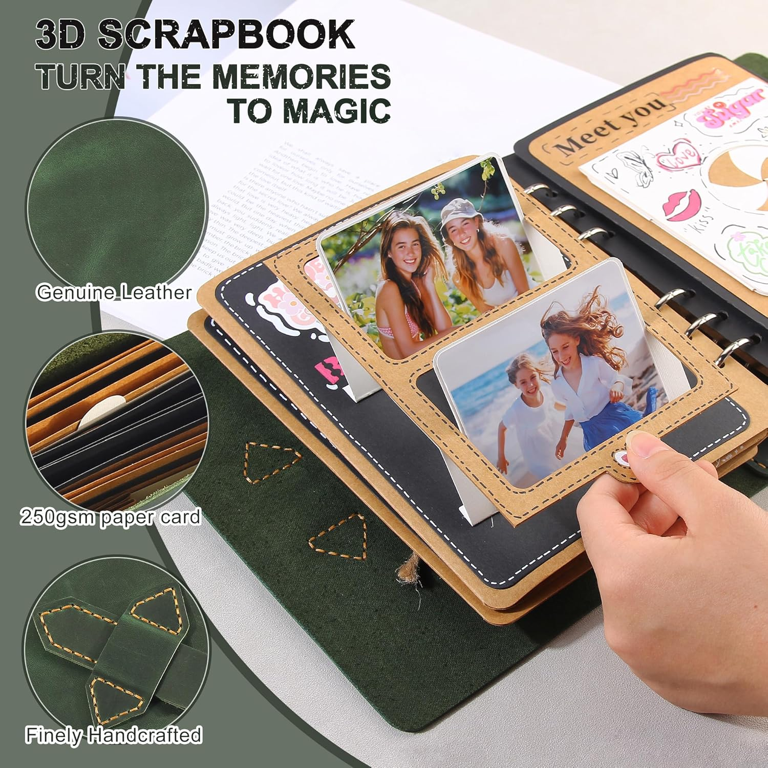 Handmade Genuine Leather Scrapbook Photo Album &ndash; DIY 3D Interactive Memory Book for Wedding, Baby, Family Photos (Travel, Anniversary, Birthday Gift)- Green image number 2