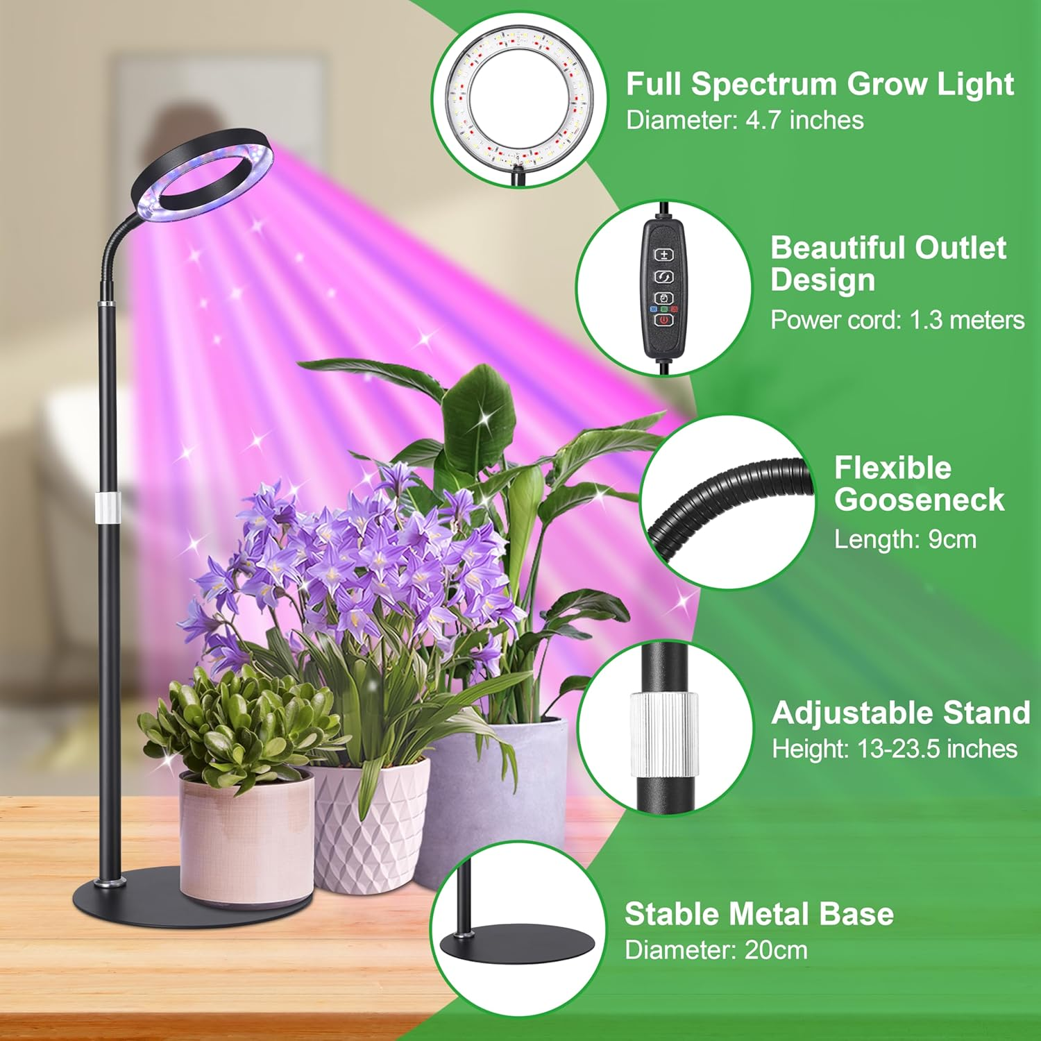 Black Desk Grow Light for Indoor Plants, Full Spectrum Red Blue White Light Plant Light with Base, Grow Lamps with 3/9/12H Timer, 13"-23.5" Height Adjustable, 10 Brightness Levels - Black image number 2