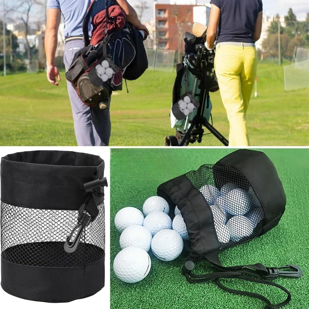 2 Pack Golf Ball Storage Bag with Hooks,13 X 16 Cm Nylon Drawstring Mesh Pouch,For Accessory Outdoor Sports Supplies(Black)