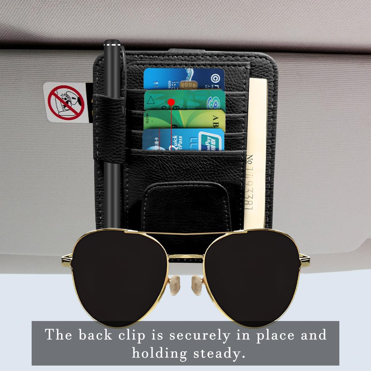 2 Pcs Car Sun Visor Organizer Premium Leather Sunglasses Holder Multi Functional Car Interior Accessories Storage Bag Visor Pouch for Cars Trucks Card Document Holder Driving License (Black) image number 1