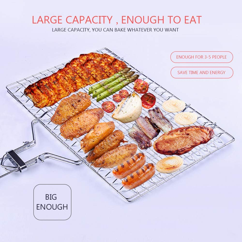 Barbecue Grill Basket, Foldable Non Stick Stainless Steel Wire Mesh Net Clip, Portable BBQ Grill Tool with Handle for Fish Vegetables Meat Steak Shrimp Chops image number 5