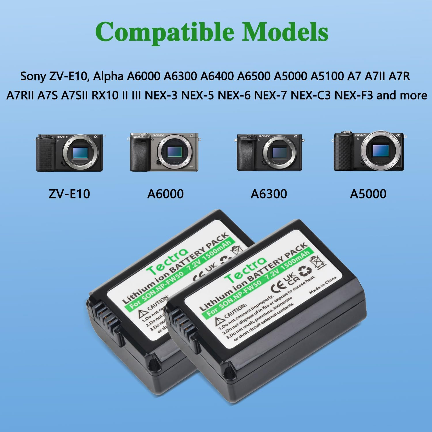 Tectra 2-Pack NP-FW50 Battery and LED Dual Charger for Sony ZV-E10, Alpha A6000, A6300, A6400, A6500, A5000, A5100, A7, A7II, A7RII, A7SII, A7S, A7S2, A7R, A7R2, A55, RX10 II III Camera image number 2