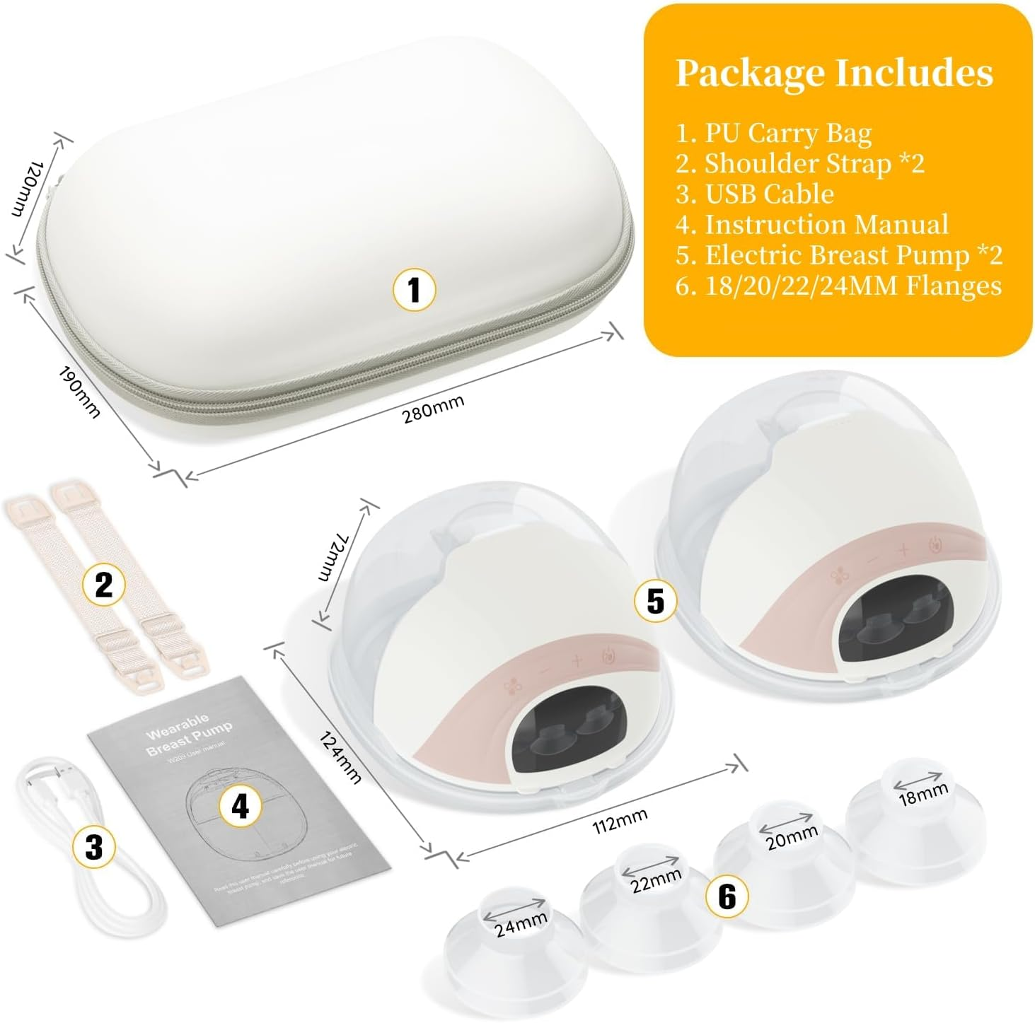 Wearable Electric Breast Pump with Carrying Bag, Hands-Free Breast Pump with 3 Modes & 15 Suction Levels, Portable Electric Breastfeeding Pump Low Noise LED Display 18/20/22/24MM Flanges - 2 Pack