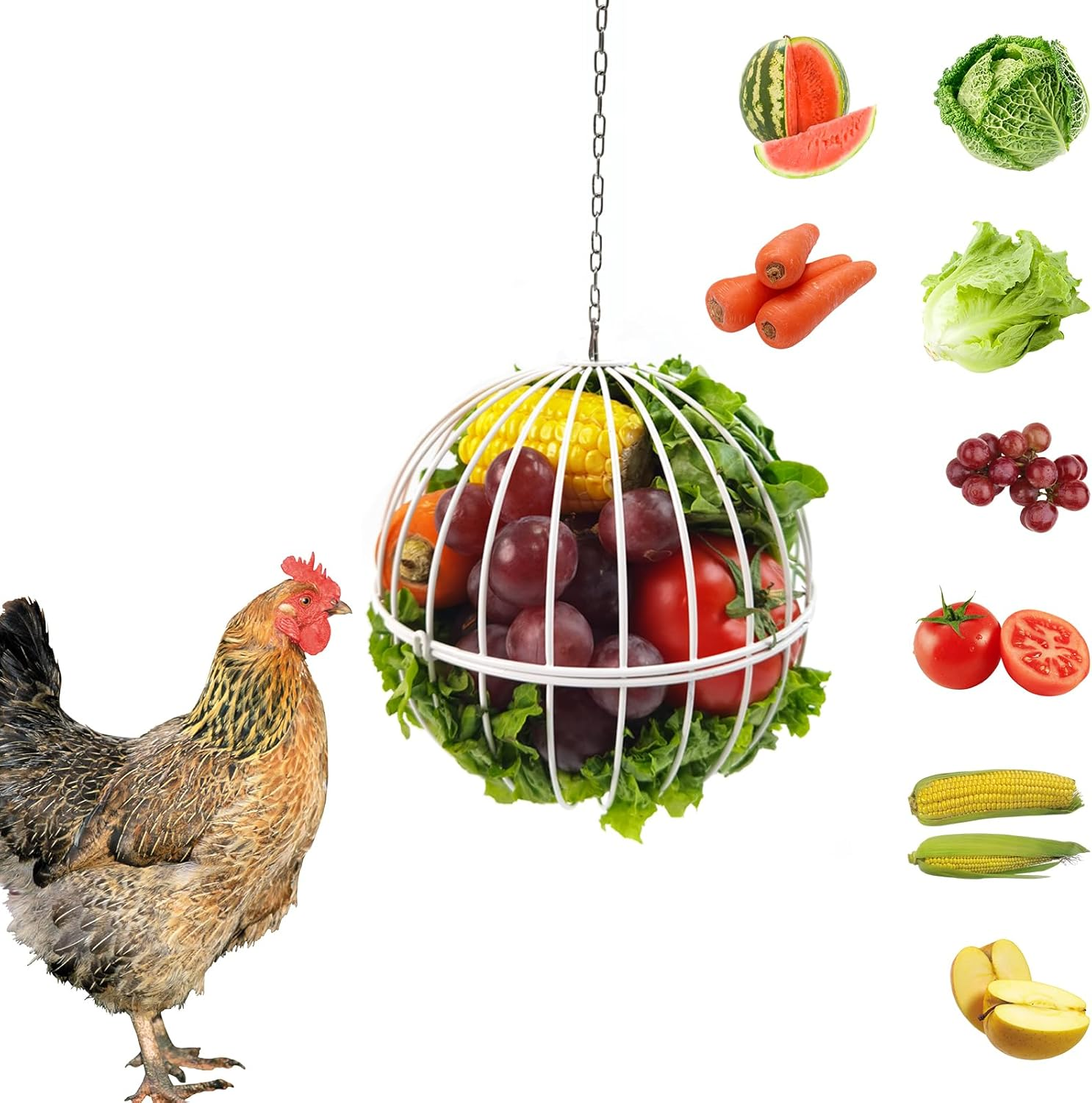 Hanging Chicken Feeder - 7.1 Inch Large Iron Chicken Veggie Treat Ball - Sturdy Chicken Treat Holder with 15.7 Inch Hanging Chain - White