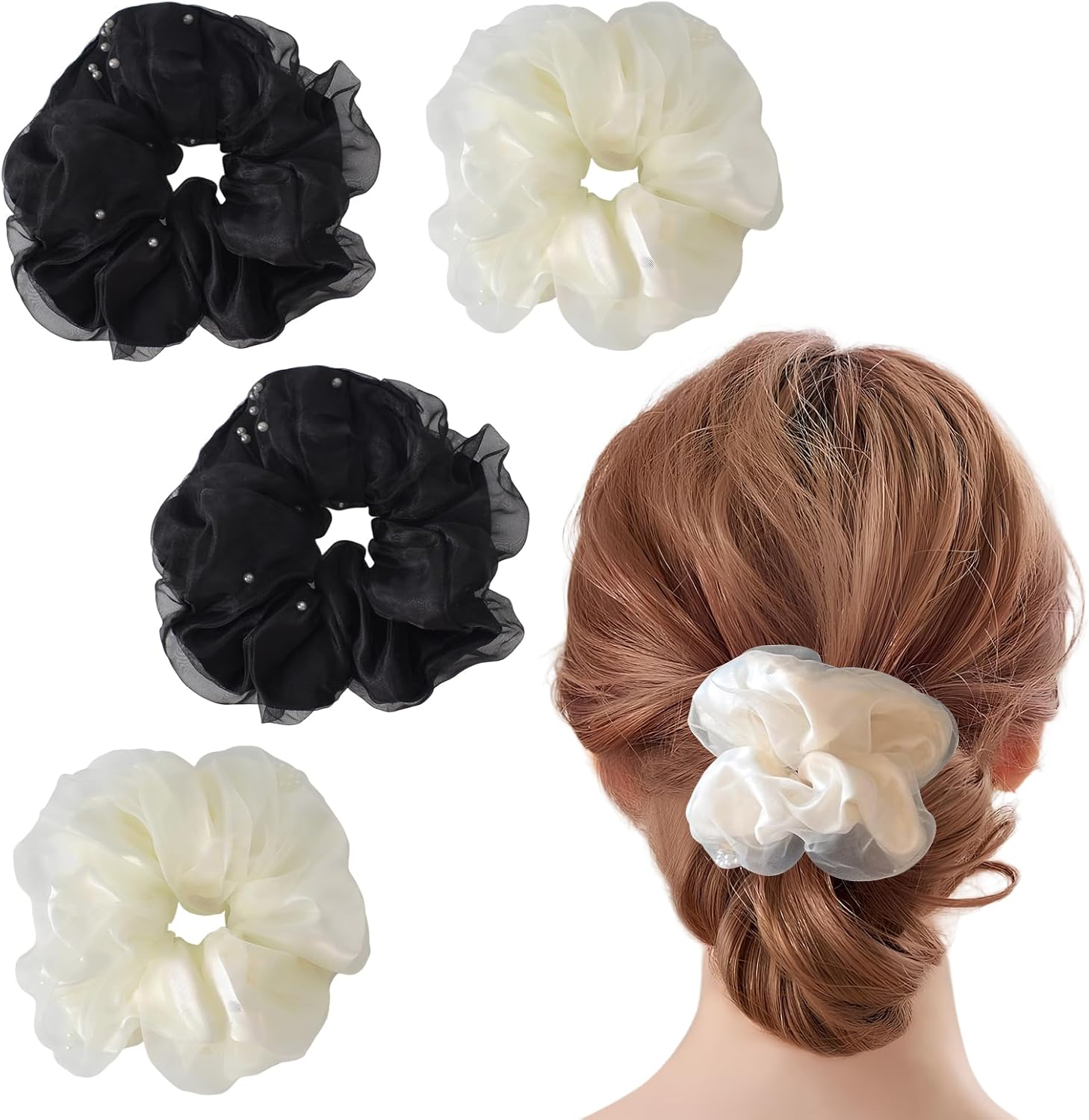 Pack of 4 Large Women'S Hair Bobbles, Hair Ties Made of Organza, Ponytail Holder Hair Band, Chiffon Hair Bands, Ponytail Holder Hair Band, for Women and Girls image number 3