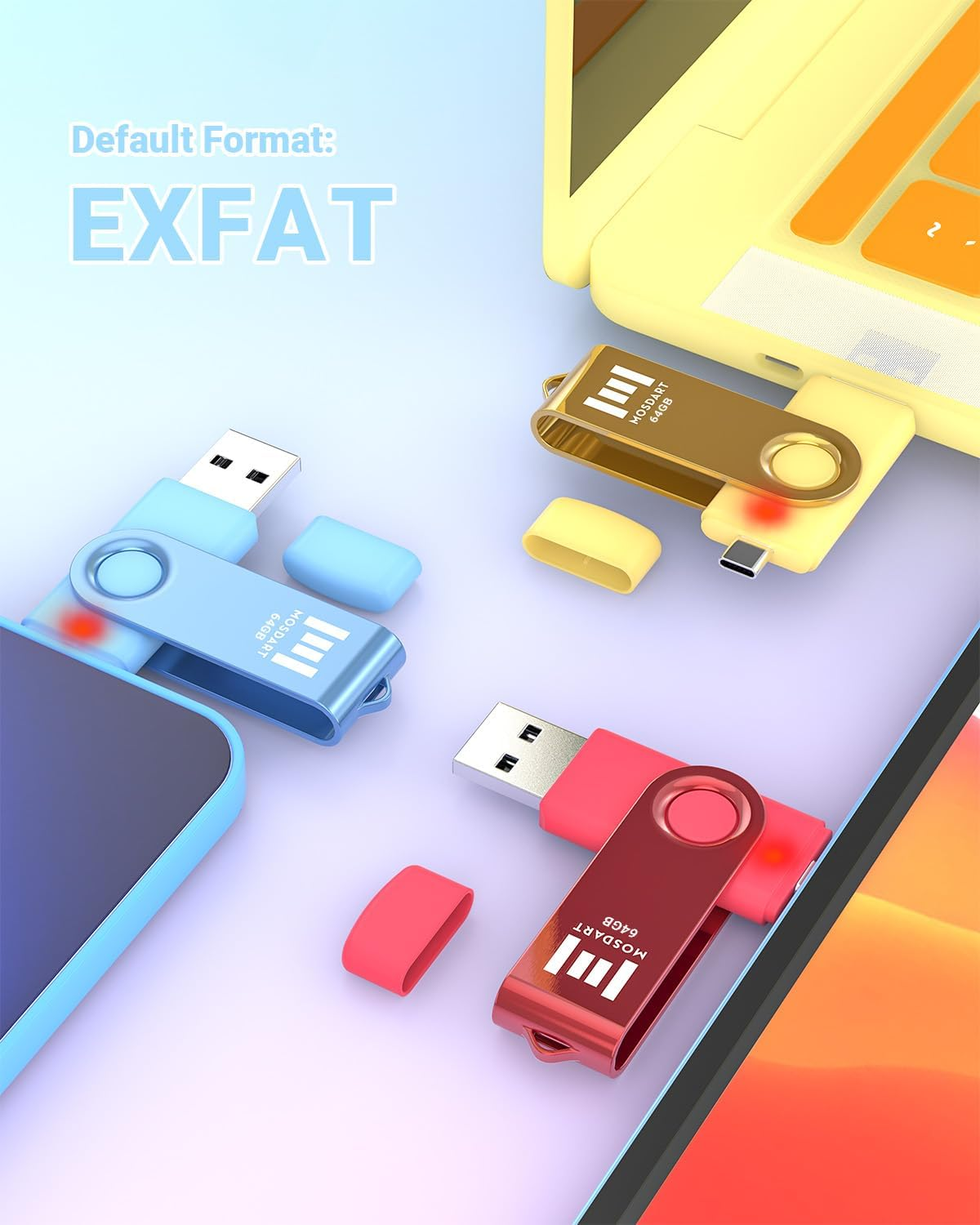 MOSDART 64GB USB 2.0 C and a Dual Flash Drive, Exfat Memory Stick, for Iphone 15 and 16, Android Phone, Ipad, Macbook, and Other Laptops, Vibrant Colors (Pack of 5) image number 1