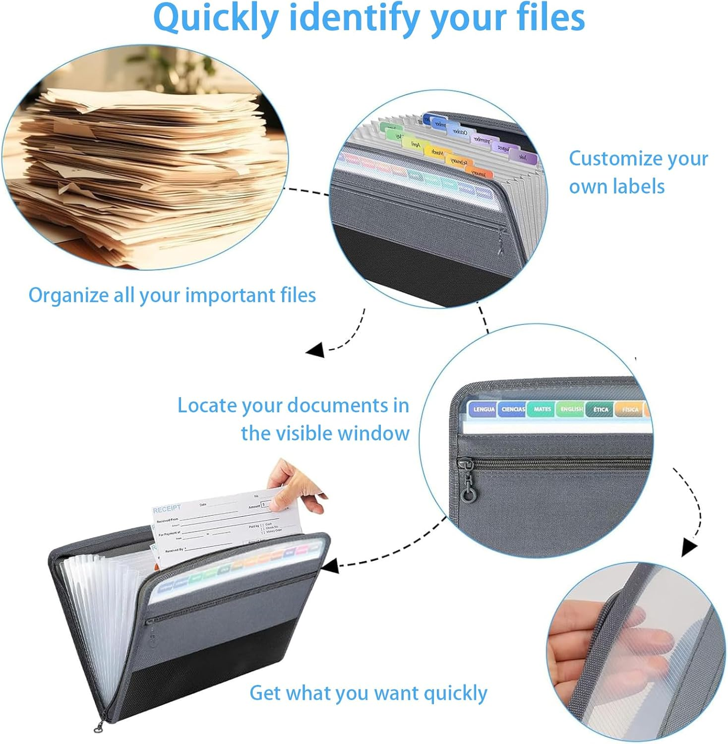 KIDUO Document Organizing Folders,File Folders with 13 Plastic Pockets,Expandable Document Organizer with Sticky Tabs,Portable Letter Size Accordion Document Holder for Invoices,Receipts (Black)