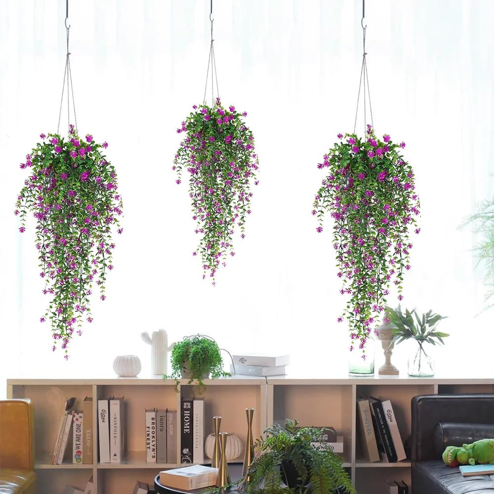 3Pcs Artificial Fake Hanging Plants Simulated Faux Fern Outdoor UV Resistant Plastic Greenery Flowers Plant Vine for Decorations Home Room Wall Garden Courtyard Wedding Party Balcony Decor(Rose) image number 4