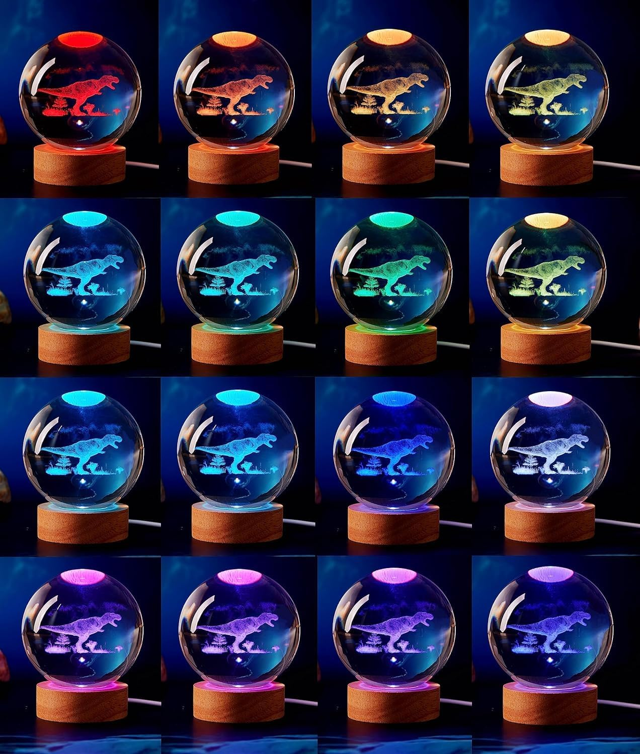 Crystal Ball Night Light, 3D Animal Models Night Light, USB Powered, Wooden Base, Birthday Christmas and Others Dream Decoration Gift (Dinosaur/Color Light, 6CM) image number 5