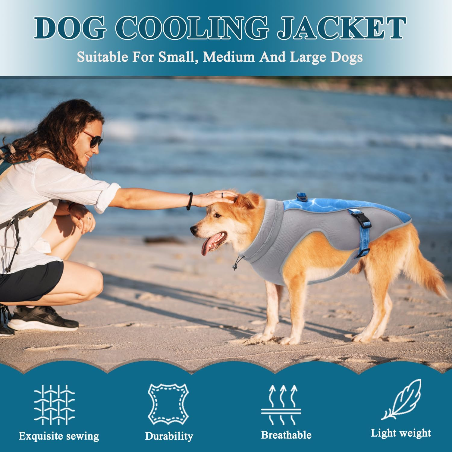 Improved Dog Cooling Vest with Sun Protection, Breathable Mesh Vest for Dogs, Reflective Strips, Adjustable Straps, with D-Snap Harness, Ideal for Small, Medium and Large Dogs, Blue image number 1