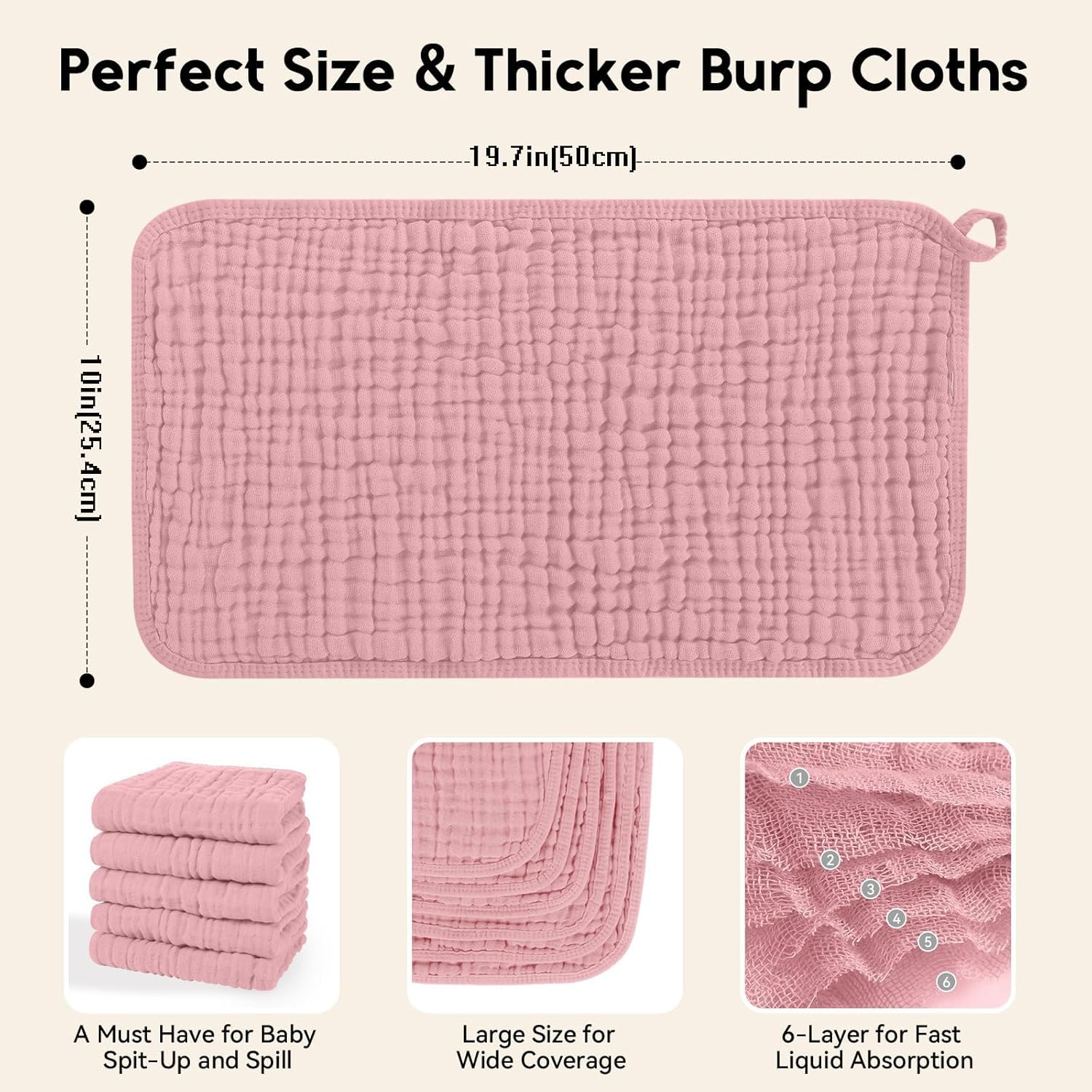 Muslin Burp Cloths 100% Cotton Burping Cloths Large 20''X10'' Extra Soft and Absorbent 12 Pack - Bean Paste image number 5