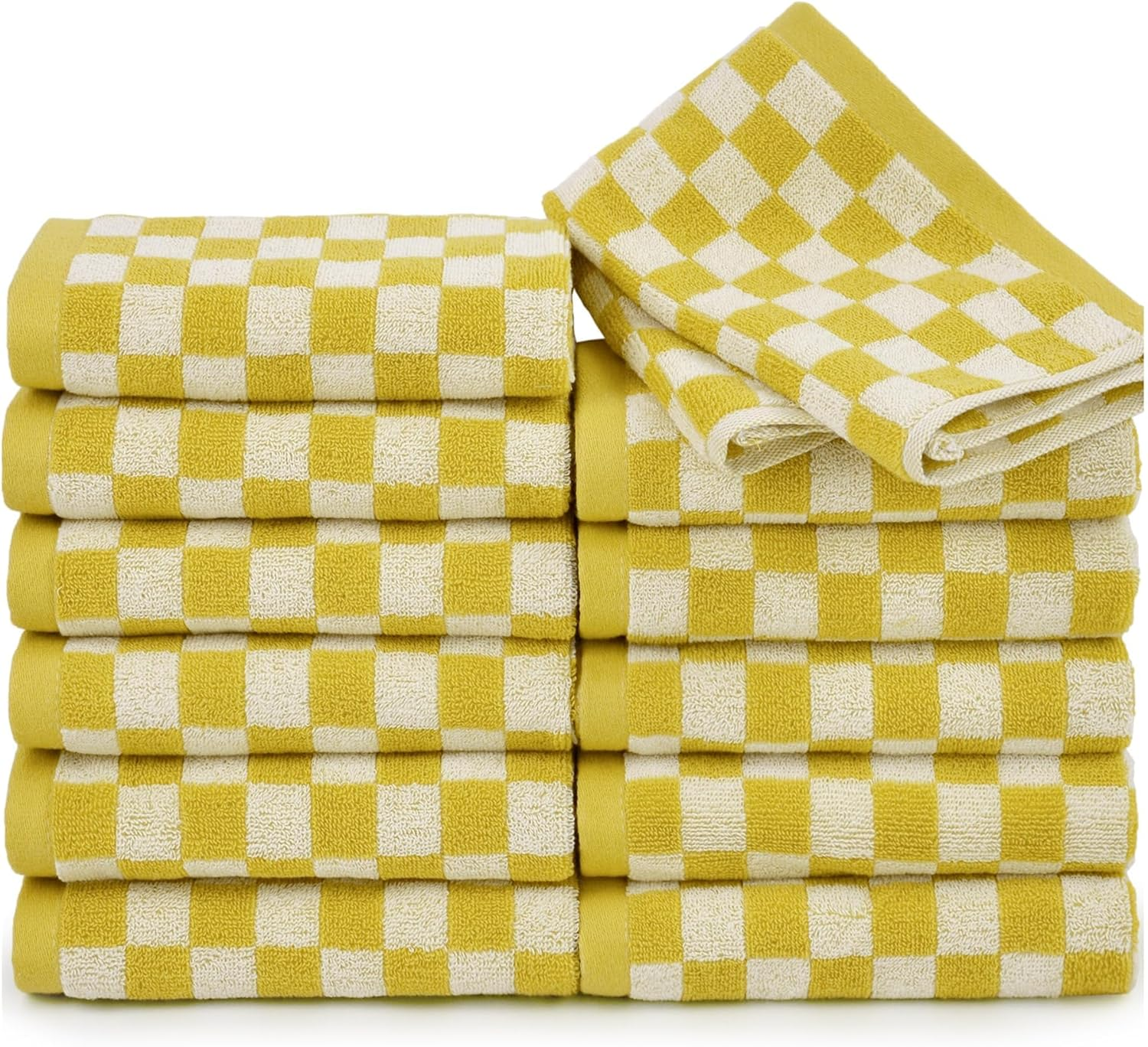 Jacquotha Quick Drying Washcloths - Pack of 12, 13X13 Inches, 100% Cotton Wash Cloths for Showering Spa Kitchen, Yellow Checkered Face Cloths - Orange image number 5