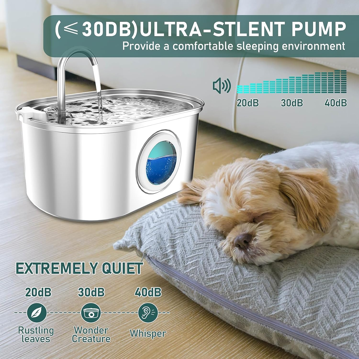 Cat Water Fountain 3.2L/108Oz Automatic Stainless Steel Pet Fountain | Quiet Pump | Water Level Window | LED Light| Multi-Layer Filtration System | Easy to Clean| for Cats Dogs image number 6