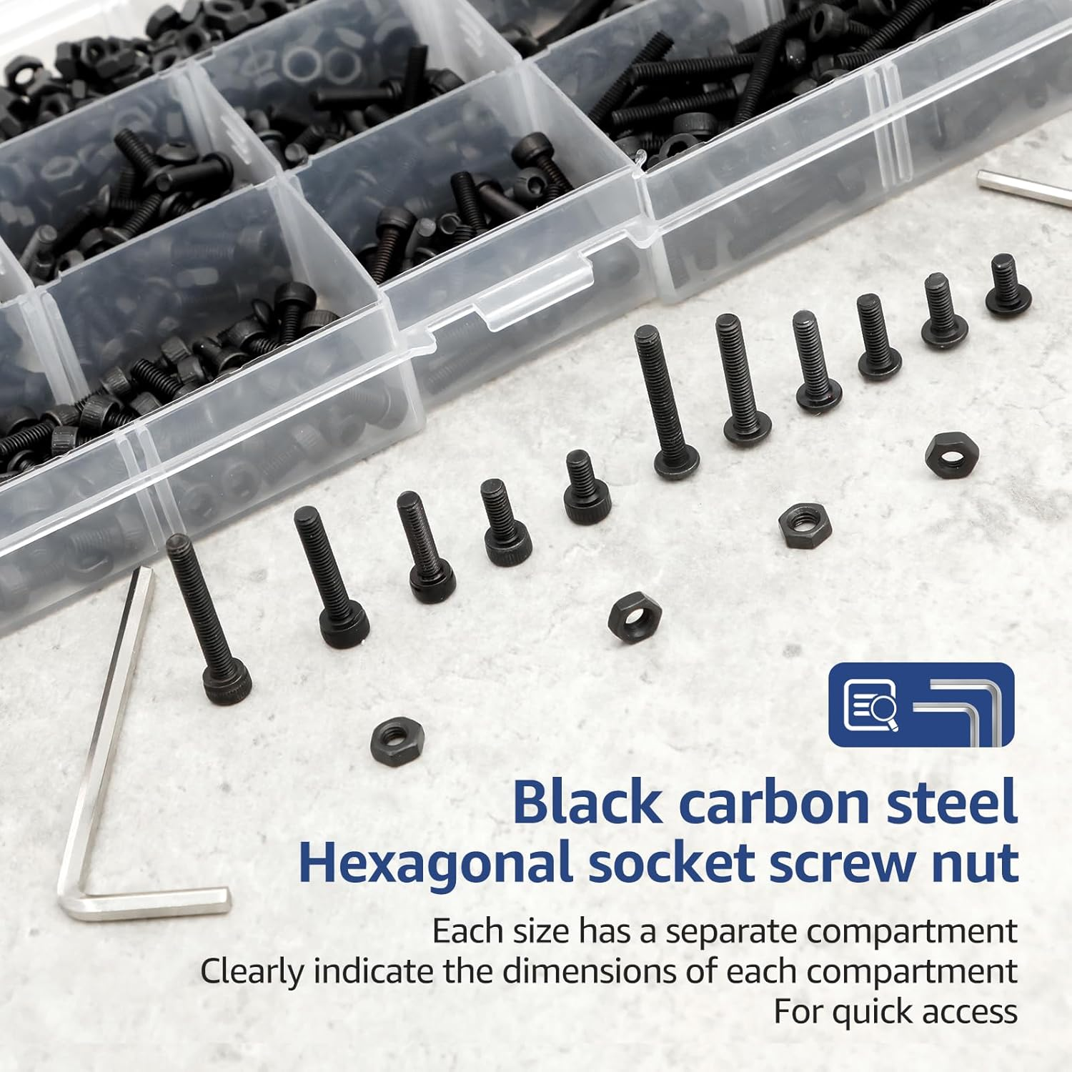 670Pcs M3 Screw Assortment Kit Black M3 Countersunk Flat Head Hex Socket Cap Screws Button Head Socket Cap Screw Bolts Nuts Assortment Kit with 2 Wrenches 1 Storage Box (1Pc) - 2Pcs image number 2