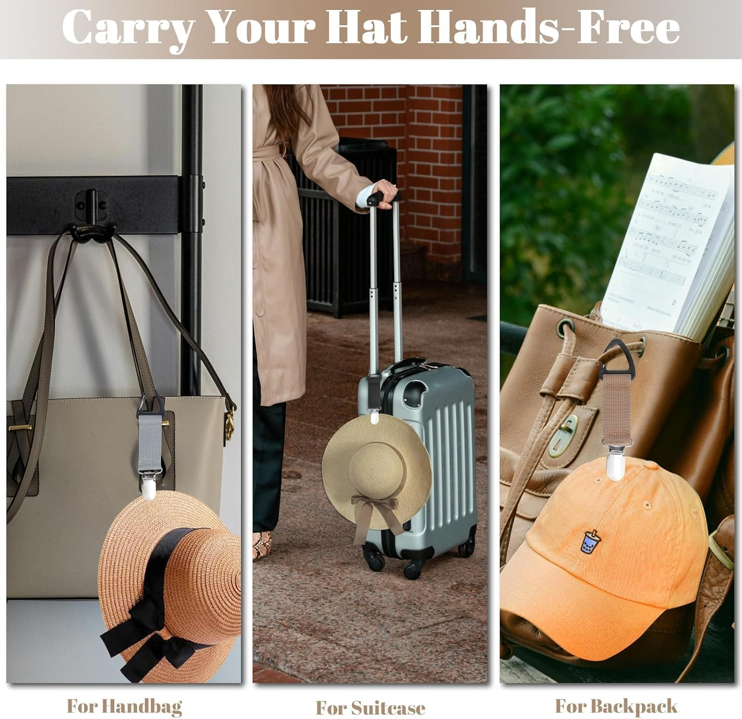 KEEPALOVE 4 Pcs Hat Clip for Travel on Bag, Elastic Hat Holder for Travel, Travel Hat Clip for Sunhat, Luggage, Bag, Handbag Backpack Luggage, Backpack, Purse, Outdoor Accessory for Women Men Black