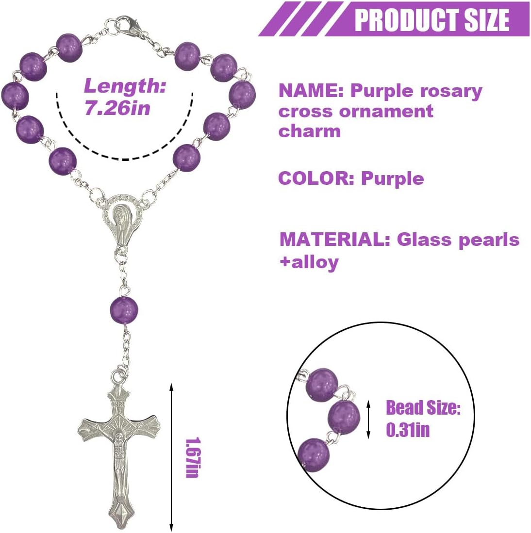 2PCS Rosary for Rearview Mirror, Purple Pendant Interior Charm Auto Decors, Medal and Cross Personalized Hanging Accessories for Women Men (Purple) - Ceramic image number 2