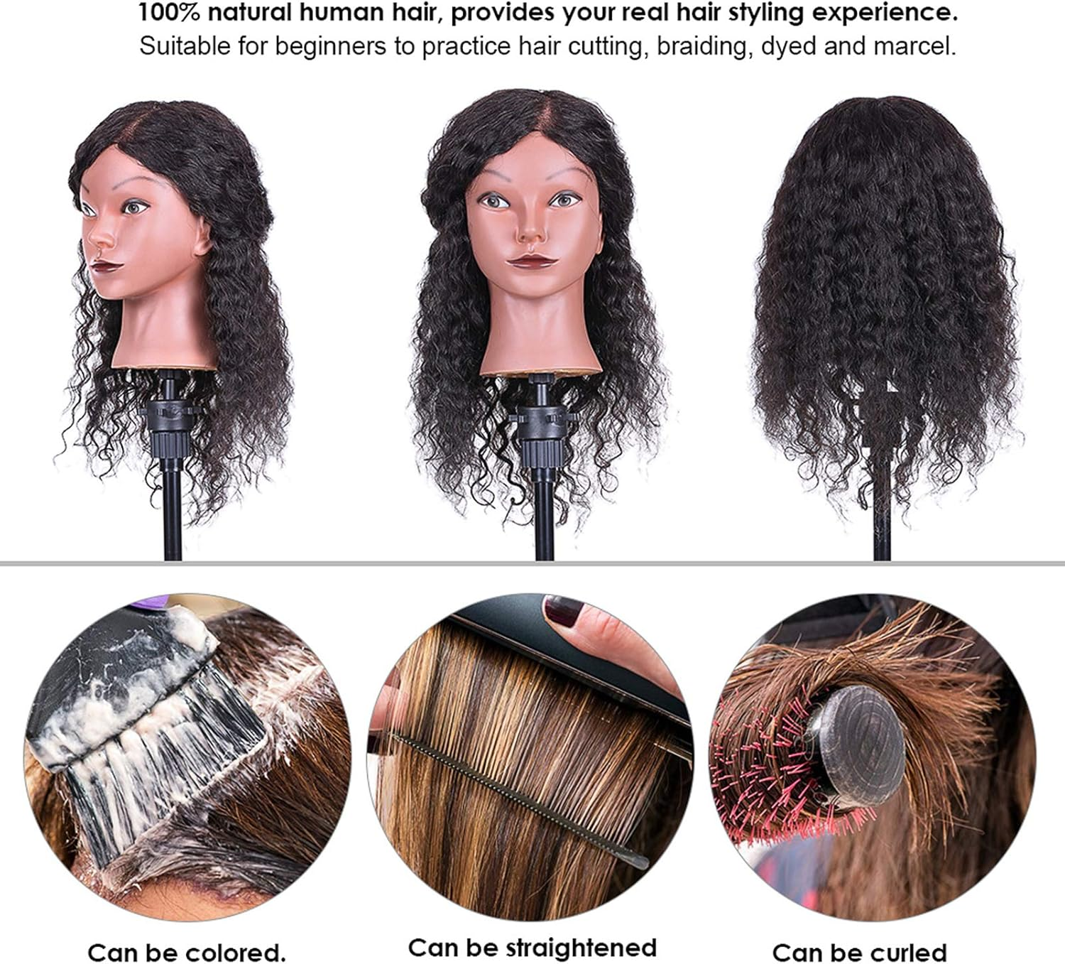 RAYWE Curly Hair Mannequin Head Hairdressing Training Head for Hair Styling Practice Hair Braiding Dummy Head with 100% Human Hair Black image number 3