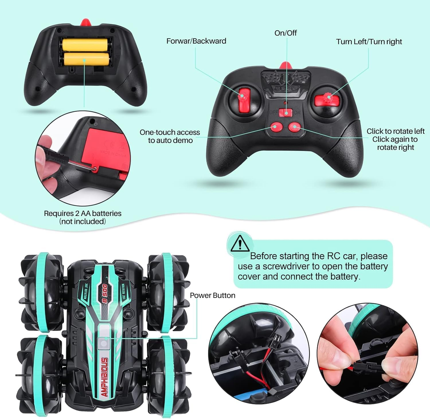 Remote Control Car Amphibious RC Cars for Kids 2.4Ghz Double Sided 360&deg;Rotating 4WD Stunt RC Car Toy Waterproof Boat off Road RC Race Toy Cars for Boys and Girls (Blue) image number 2